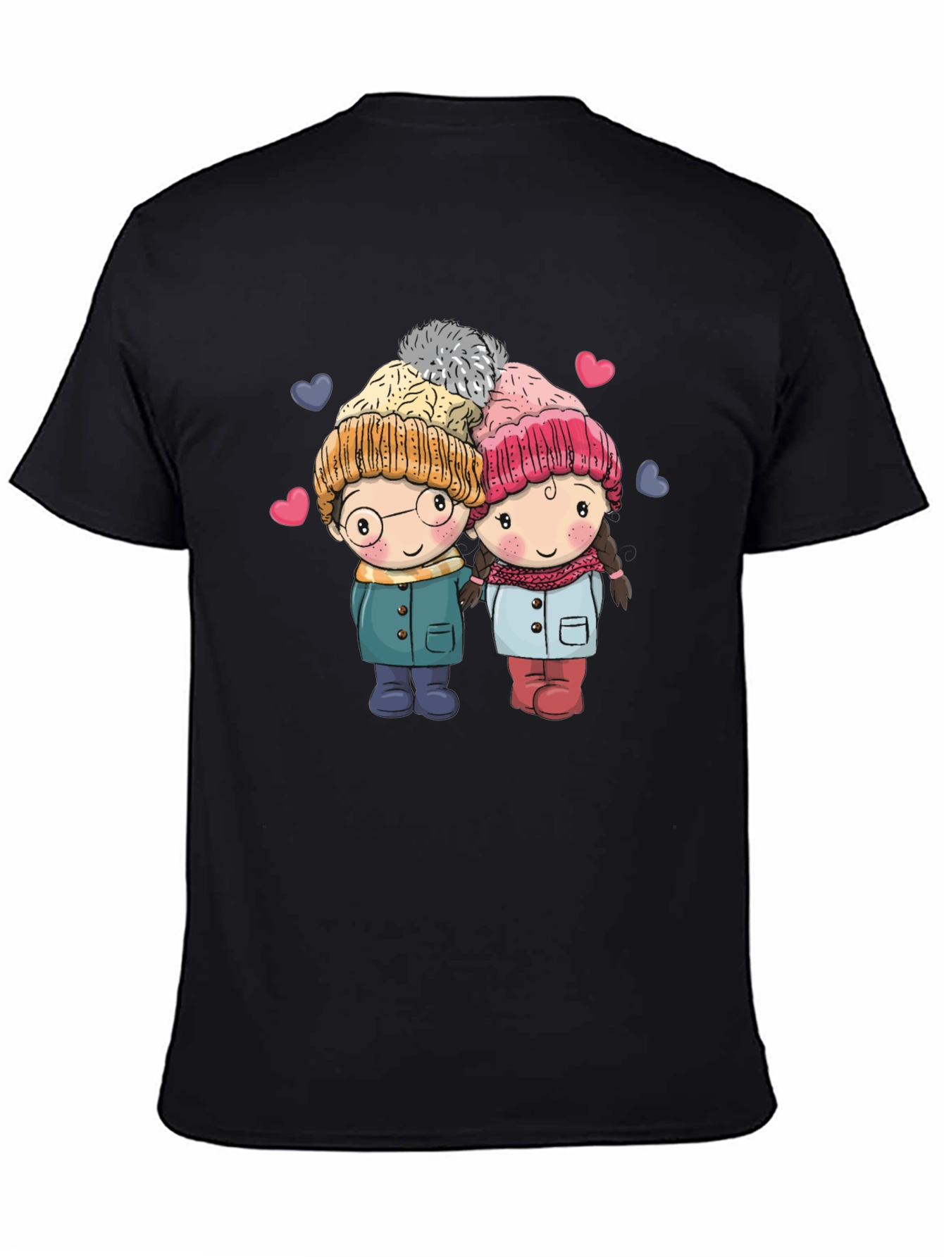 Cute Cartoon Couple Black T-shirt