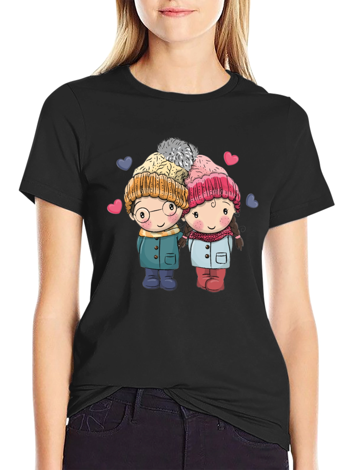 Cute Cartoon Couple Black T-shirt
