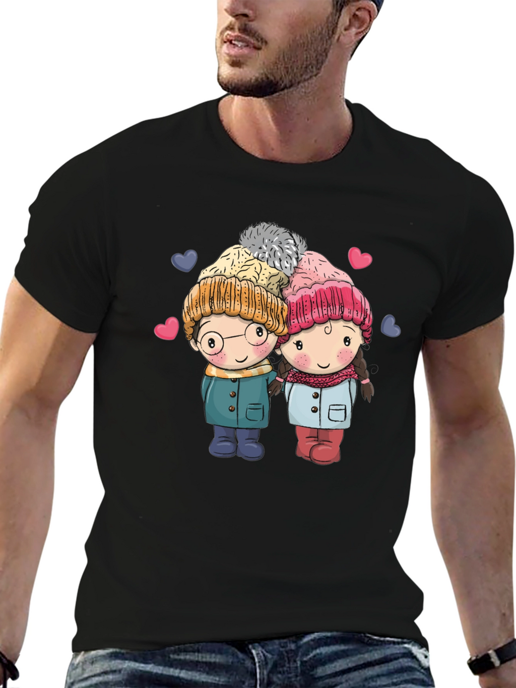 Cute Cartoon Couple Black T-shirt