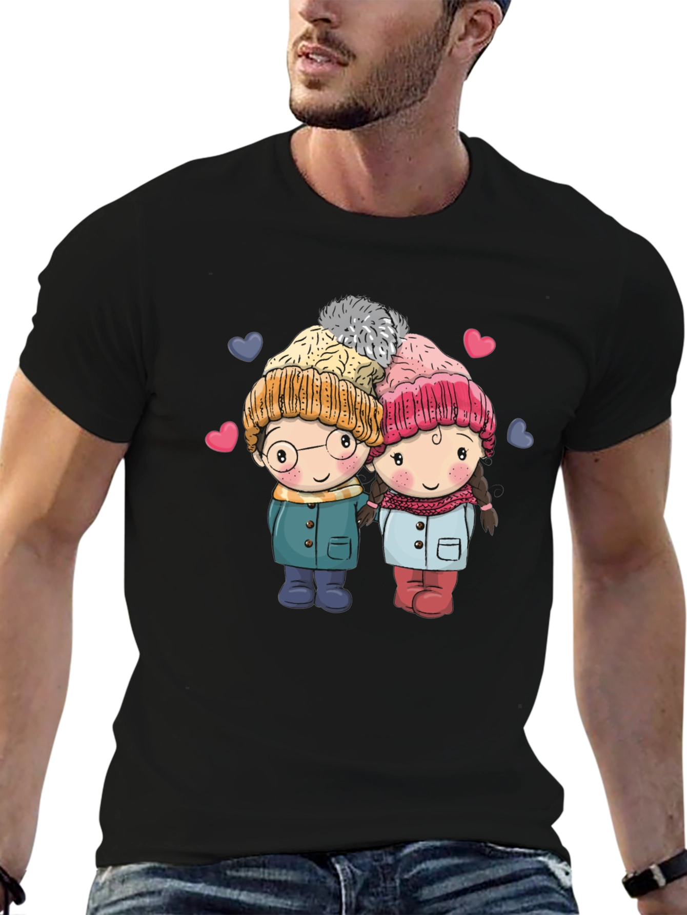 Cute Cartoon Couple Black T-shirt