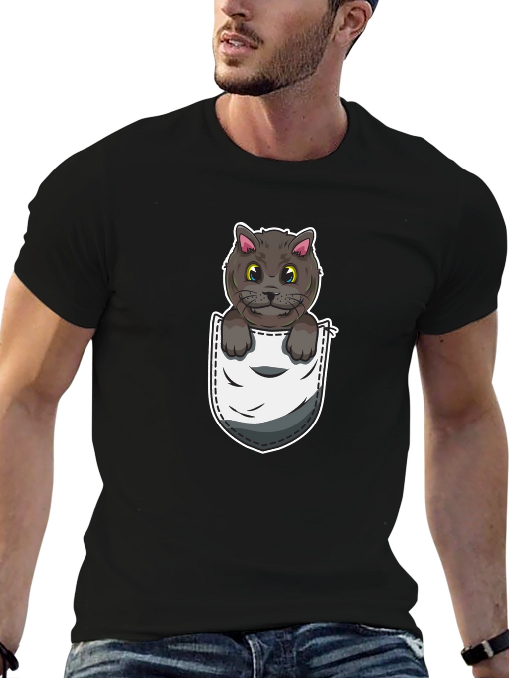 Pocket Cat Graphic Tee - Cute Cartoon Kitten Shirt