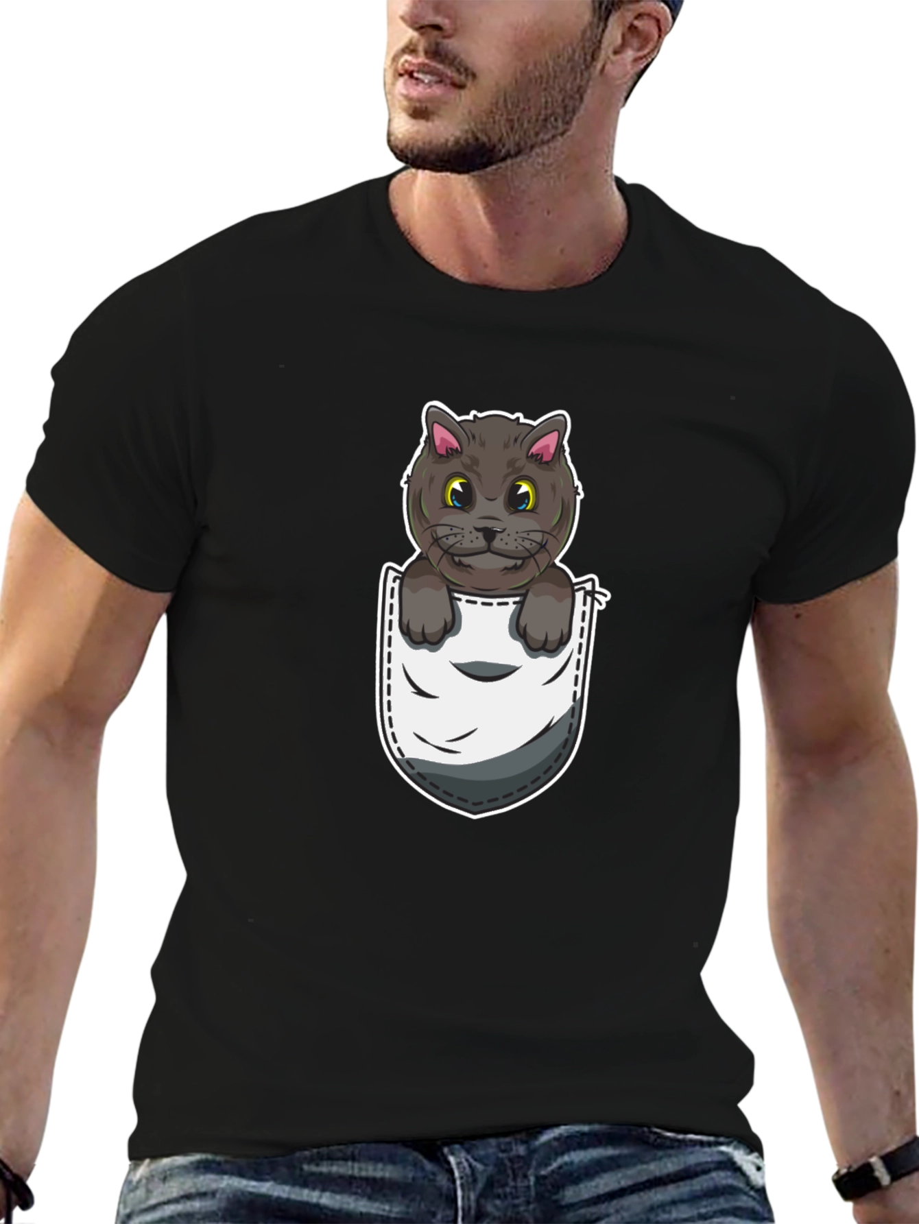 Pocket Cat Graphic Tee - Cute Cartoon Kitten Shirt