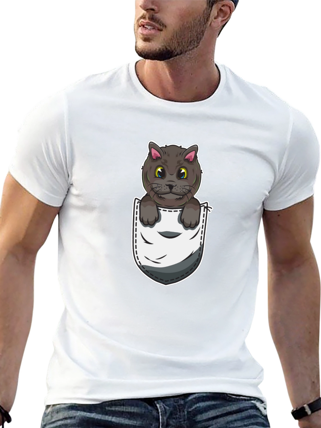 Pocket Cat Graphic Tee - Cute Cartoon Kitten Shirt