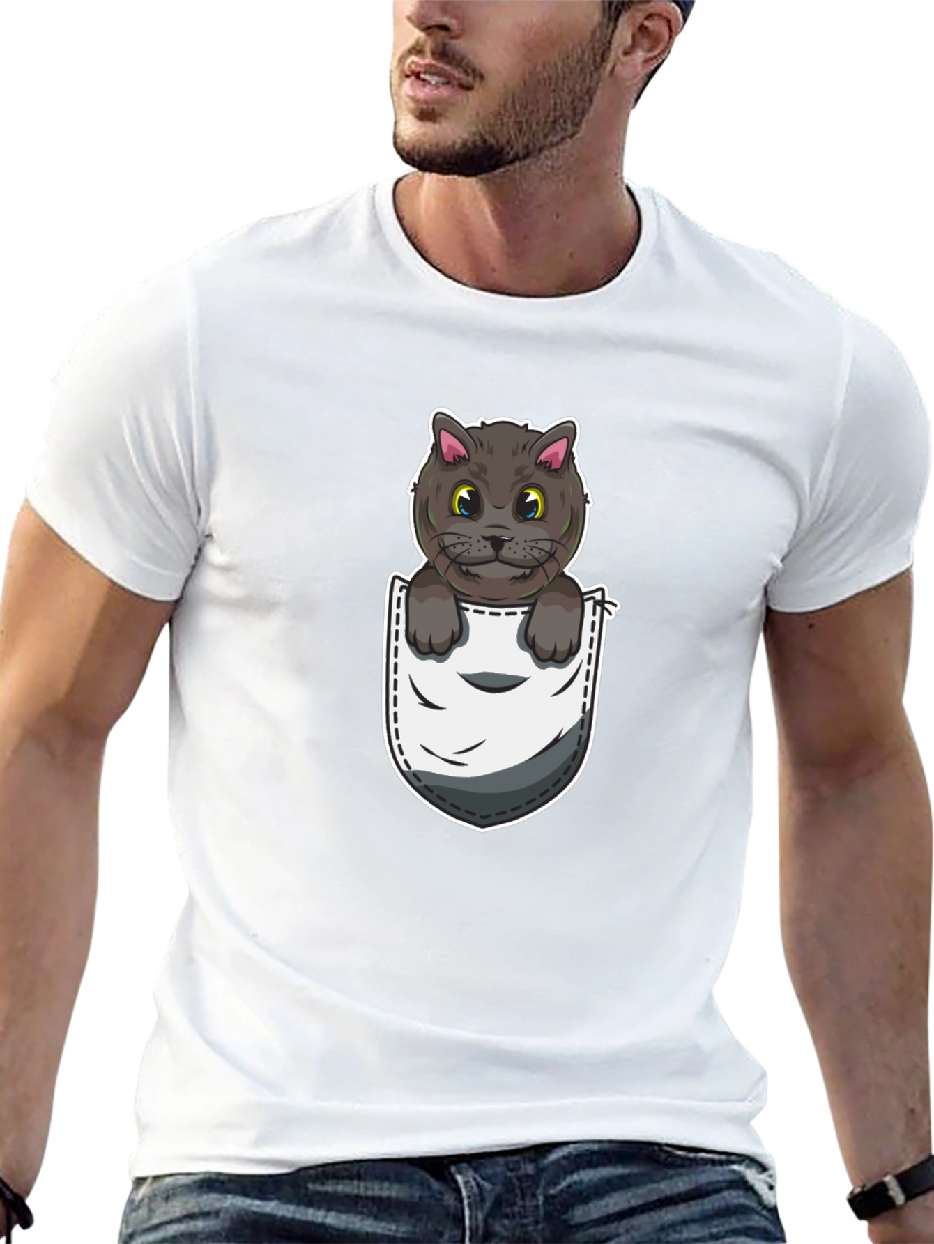 Pocket Cat Graphic Tee - Cute Cartoon Kitten Shirt