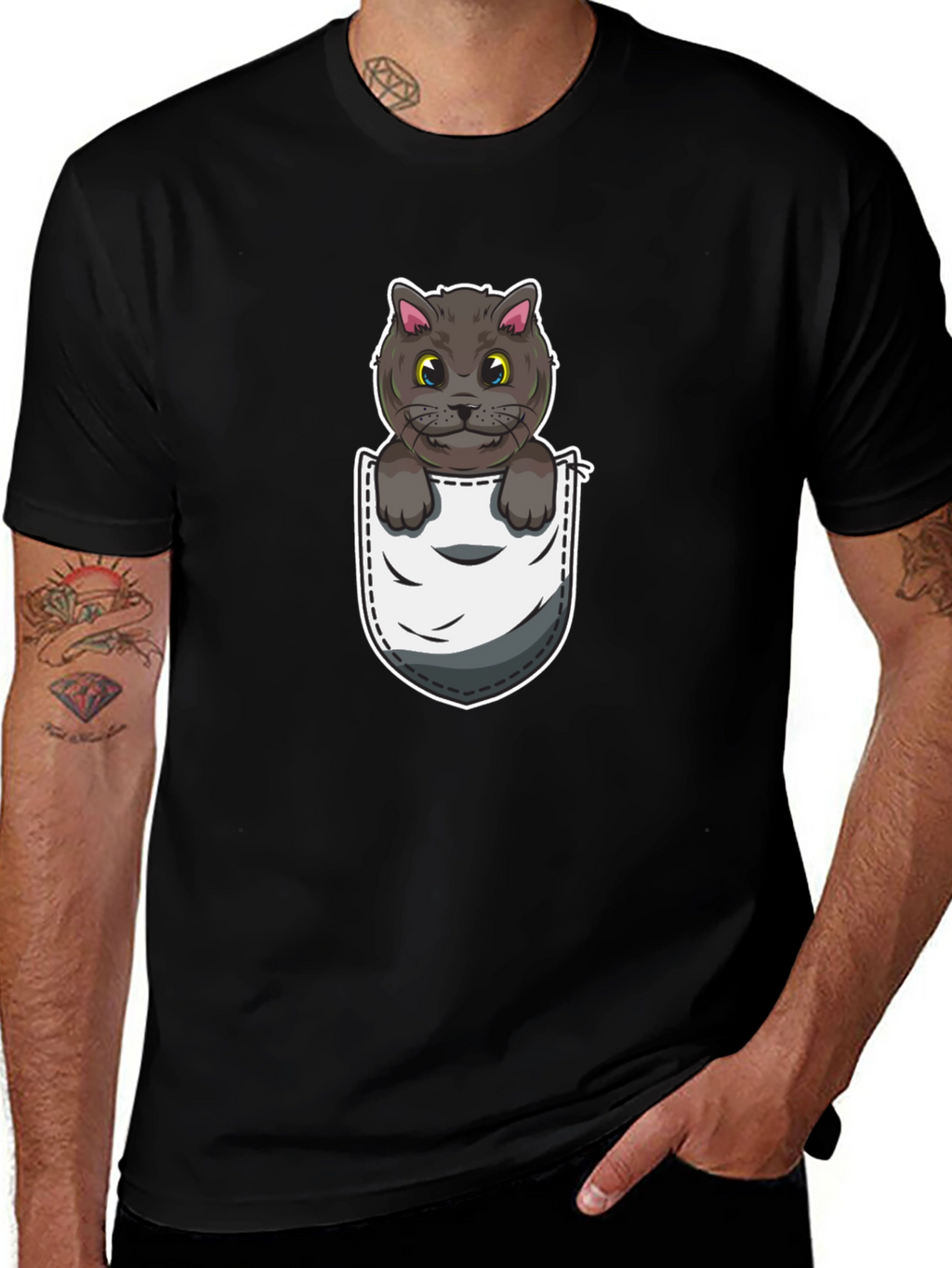 Pocket Cat Graphic Tee - Cute Cartoon Kitten Shirt