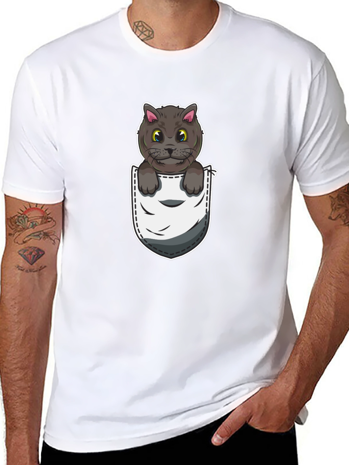 Pocket Cat Graphic Tee - Cute Cartoon Kitten Shirt