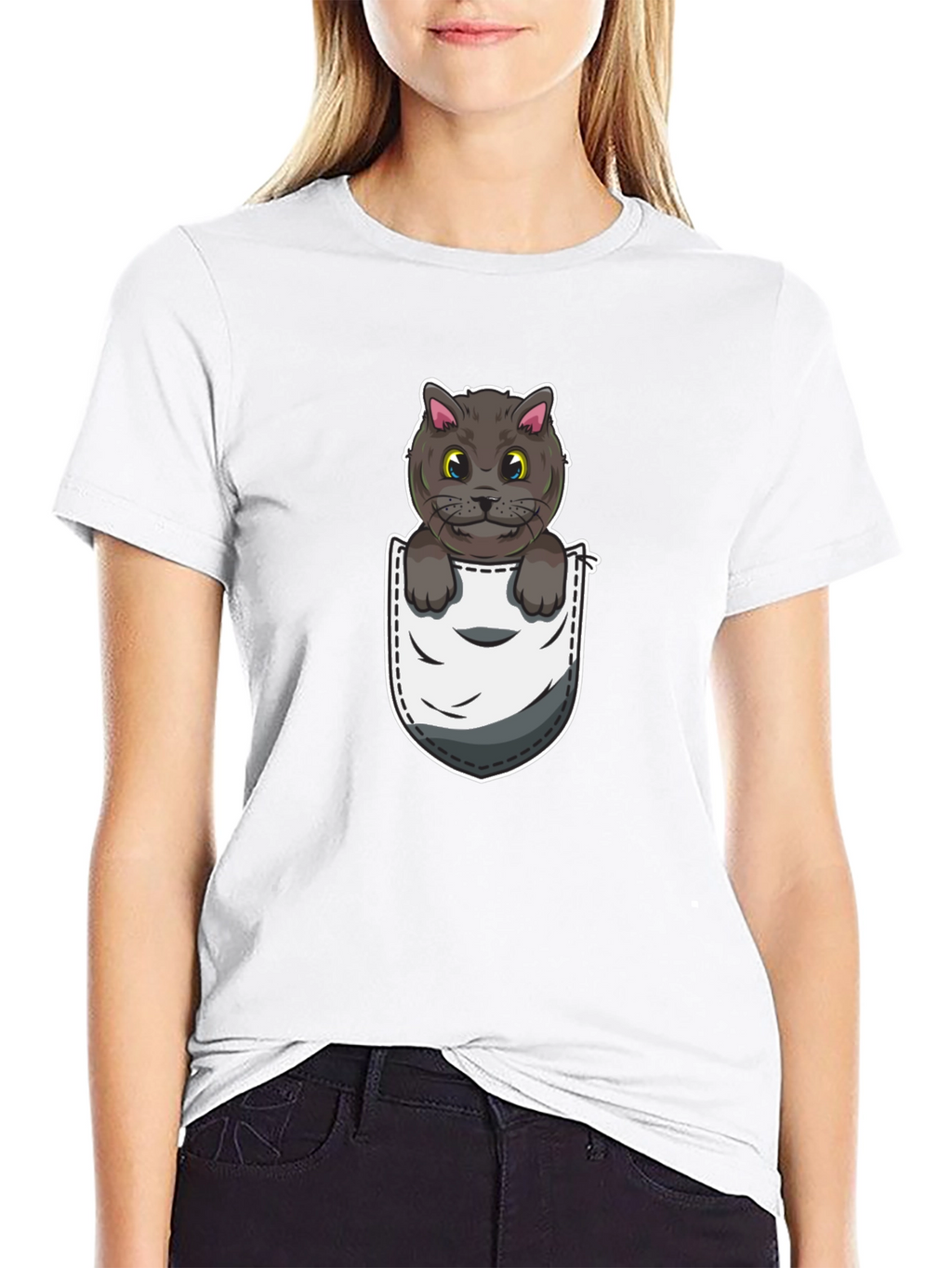 Pocket Cat Graphic Tee - Cute Cartoon Kitten Shirt