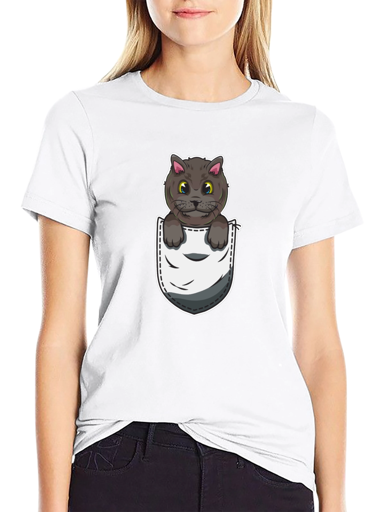 Pocket Cat Graphic Tee - Cute Cartoon Kitten Shirt