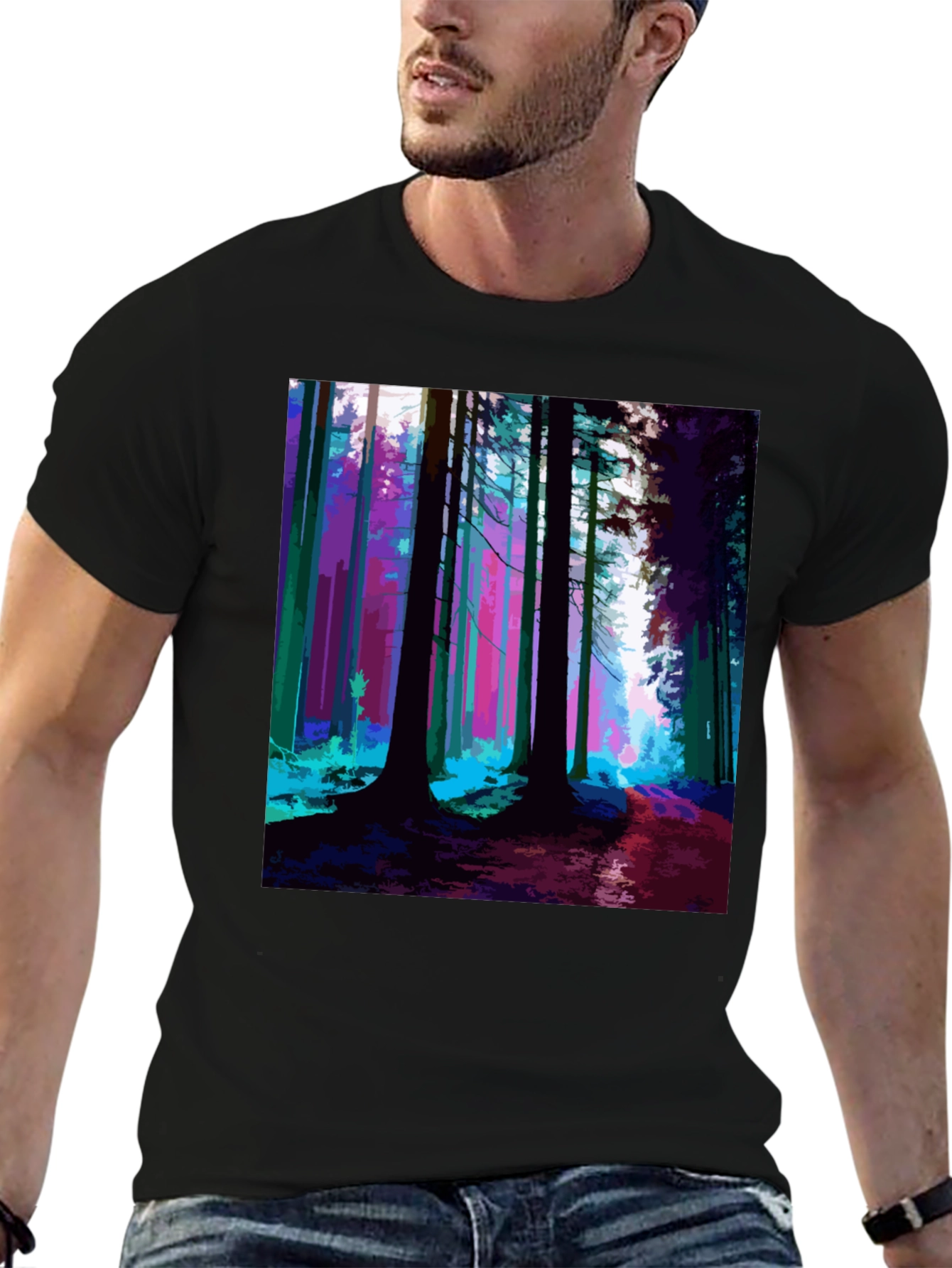 Vibrant Forest Print Black T-Shirt