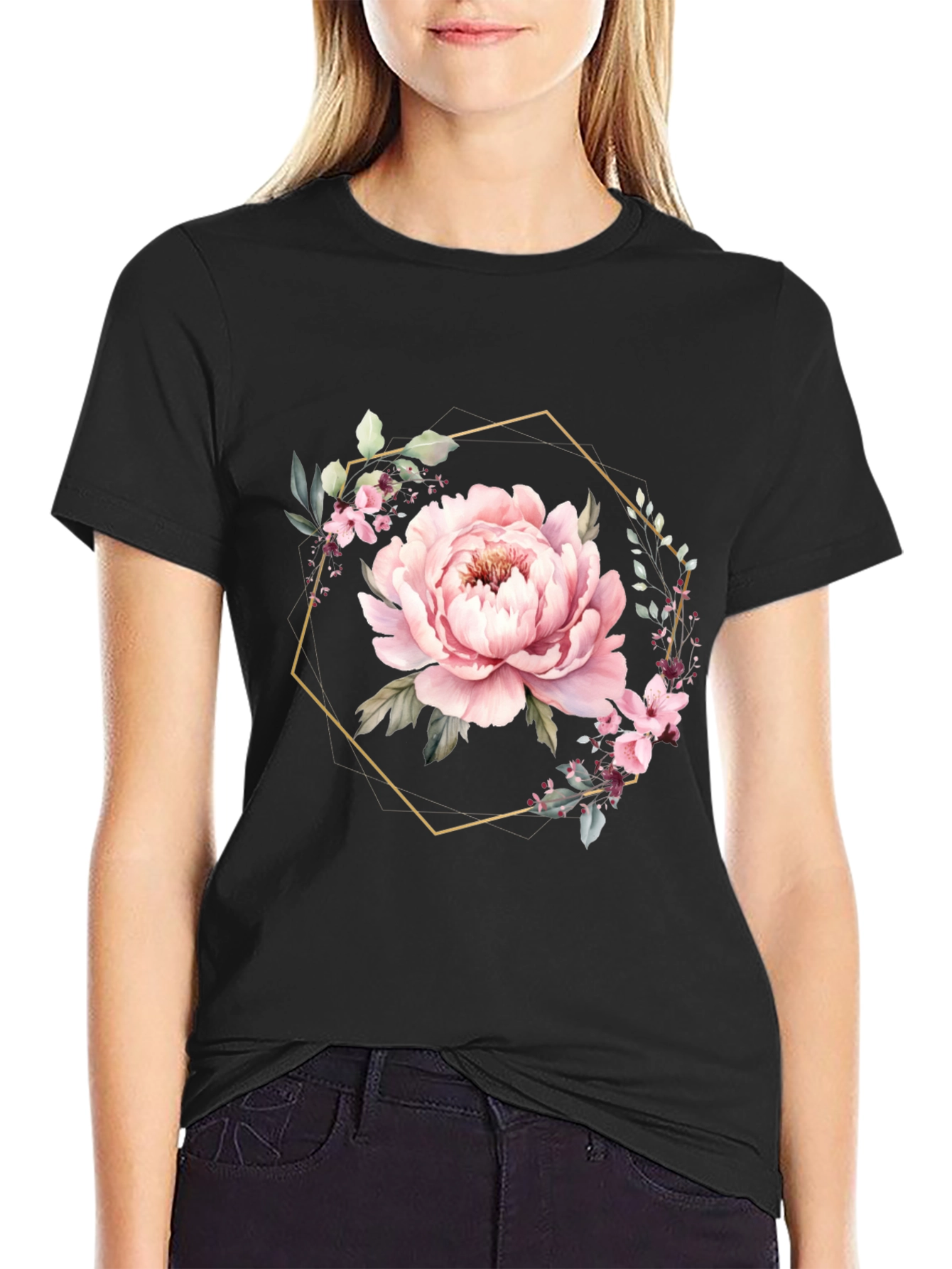 Floral Hexagon Black T-Shirt
