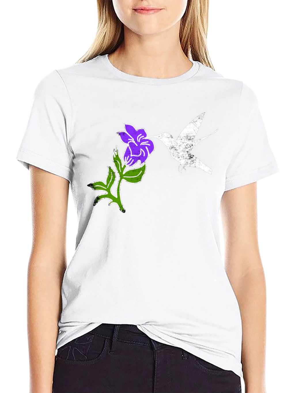 Hummingbird & Flower Graphic Tee - Black