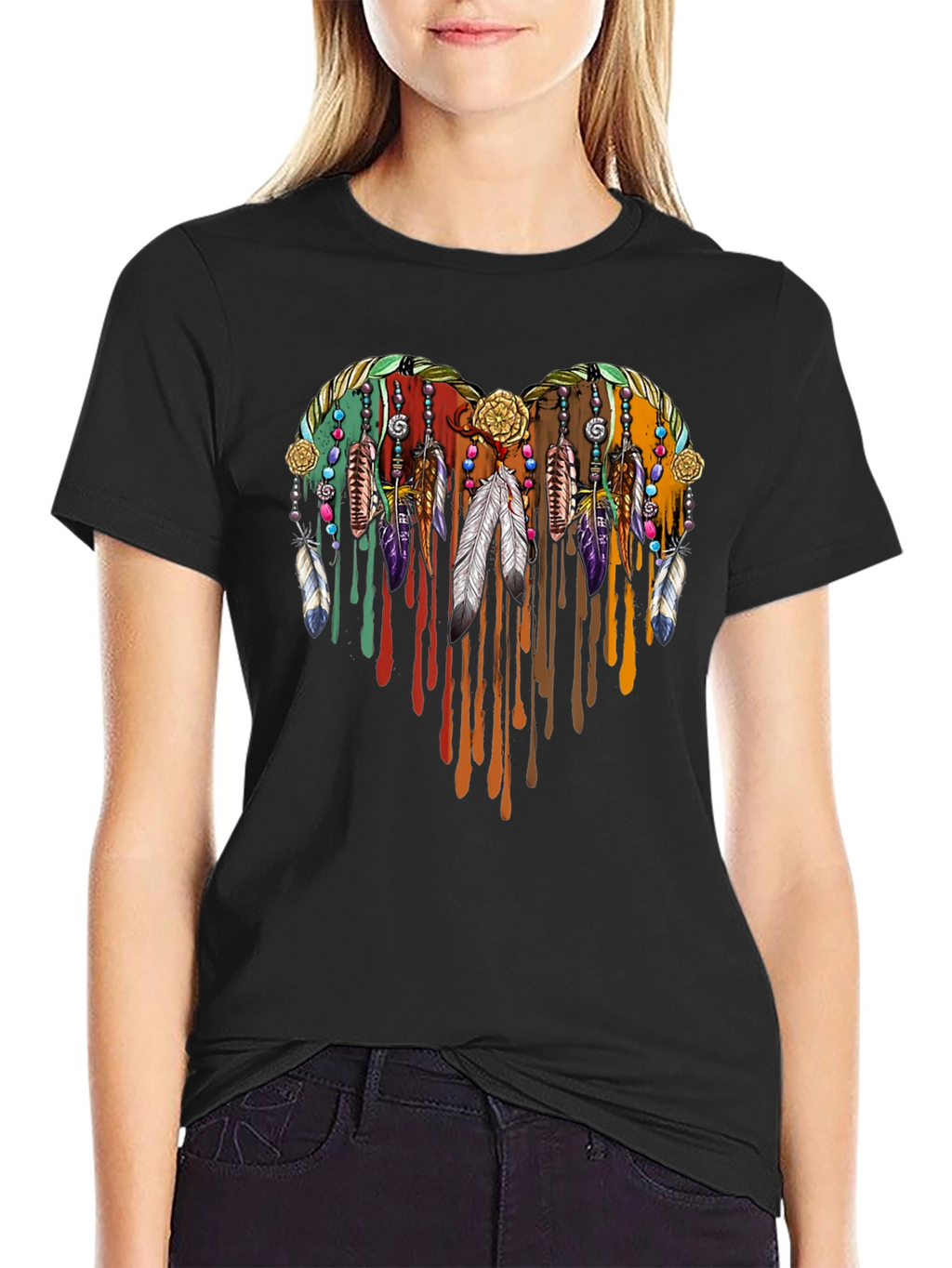 Boho Heart Feather Drip Graphic Tee