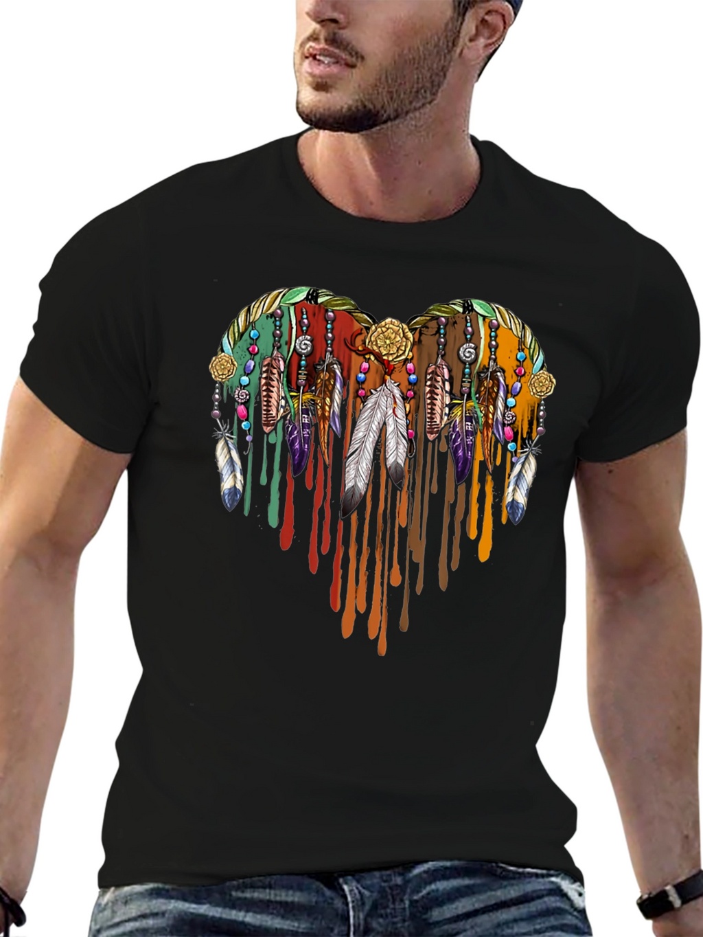 Boho Heart Feather Drip Graphic Tee