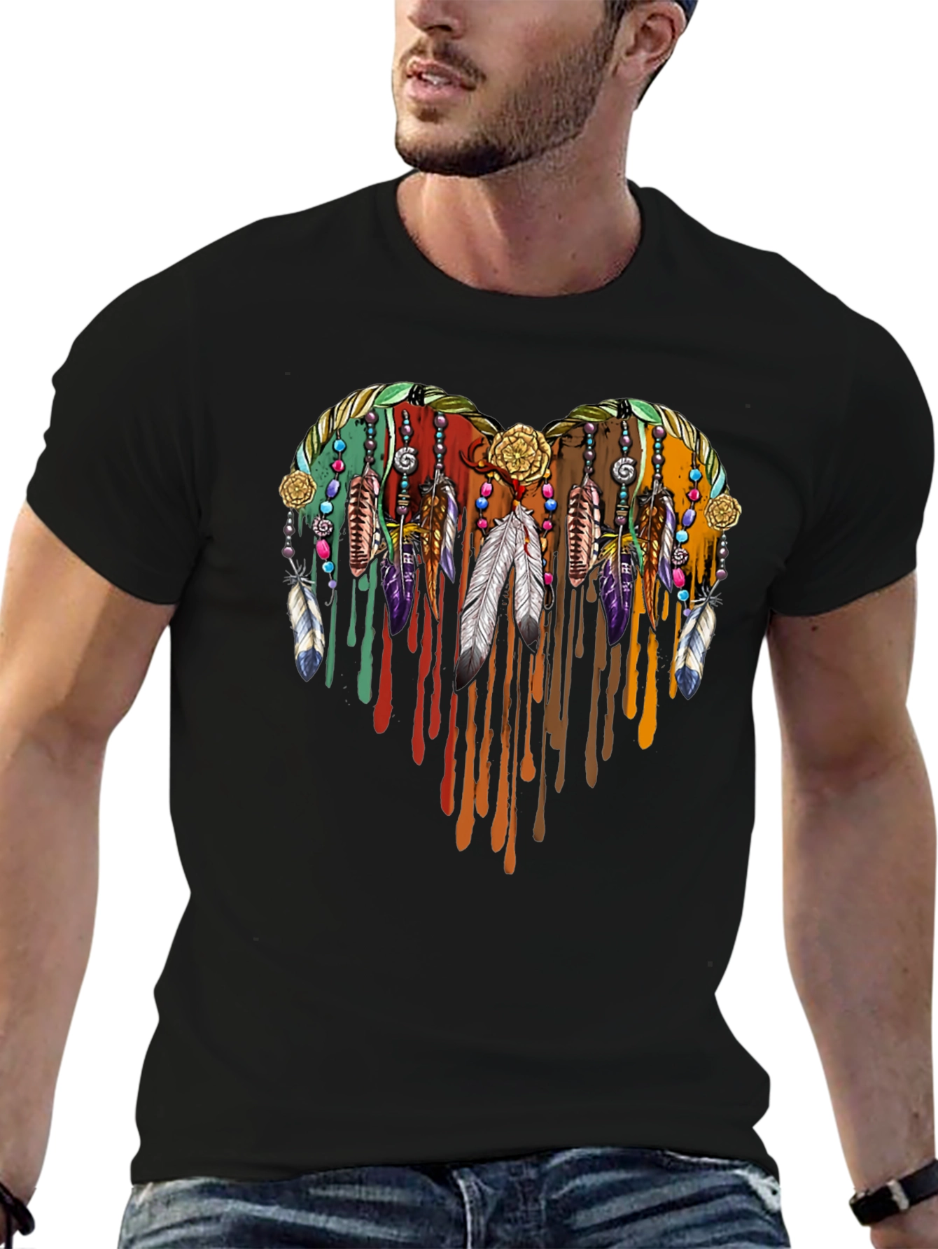 Boho Heart Feather Drip Graphic Tee