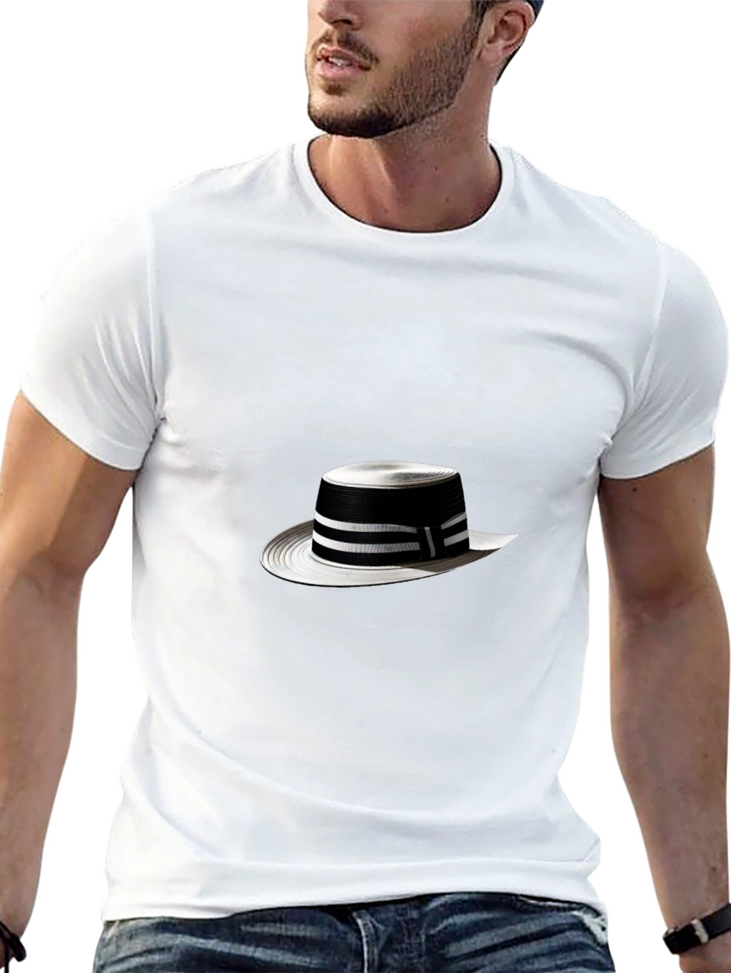 Stylish Black Tee with Boater Hat Graphic
