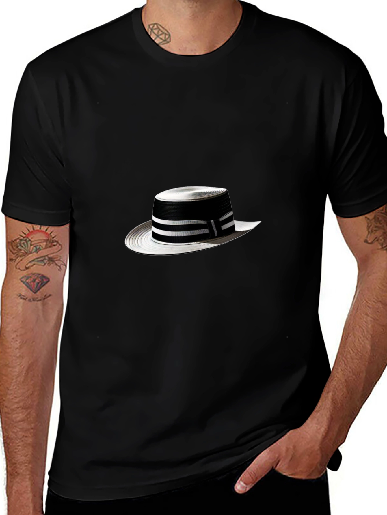 Stylish Black Tee with Boater Hat Graphic