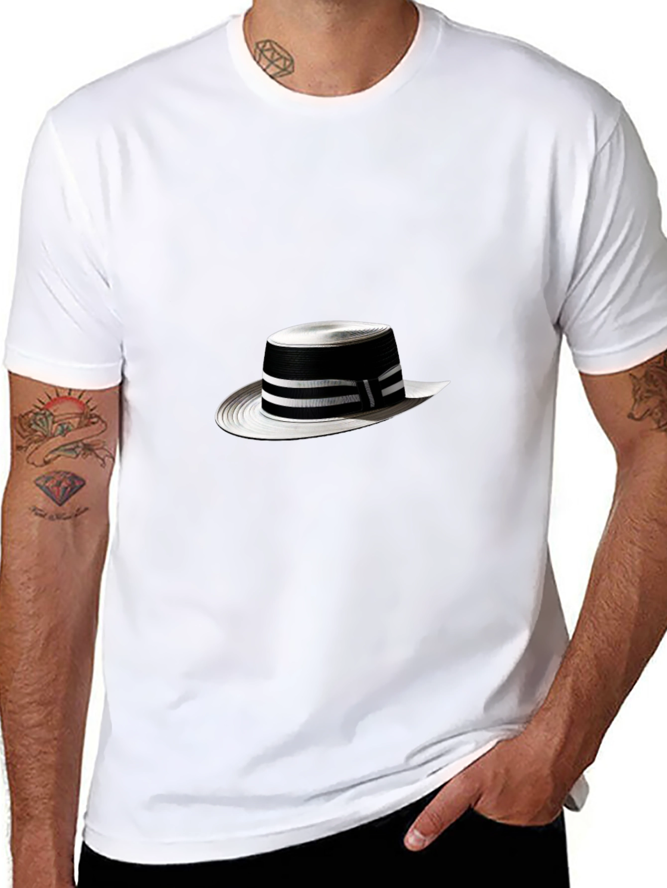 Stylish Black Tee with Boater Hat Graphic