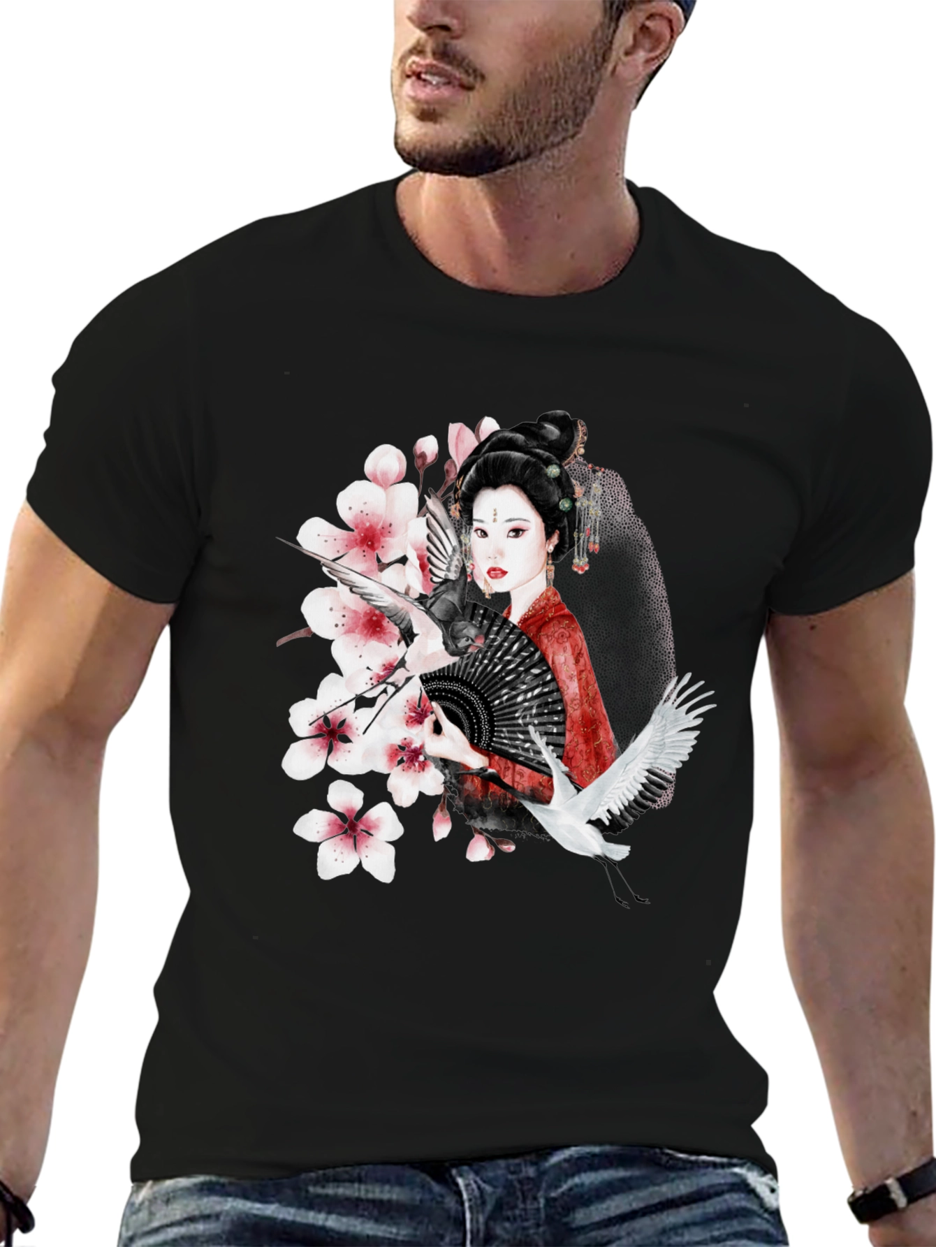 Asian Geisha Crane T-Shirt - Stylish Graphic Tee