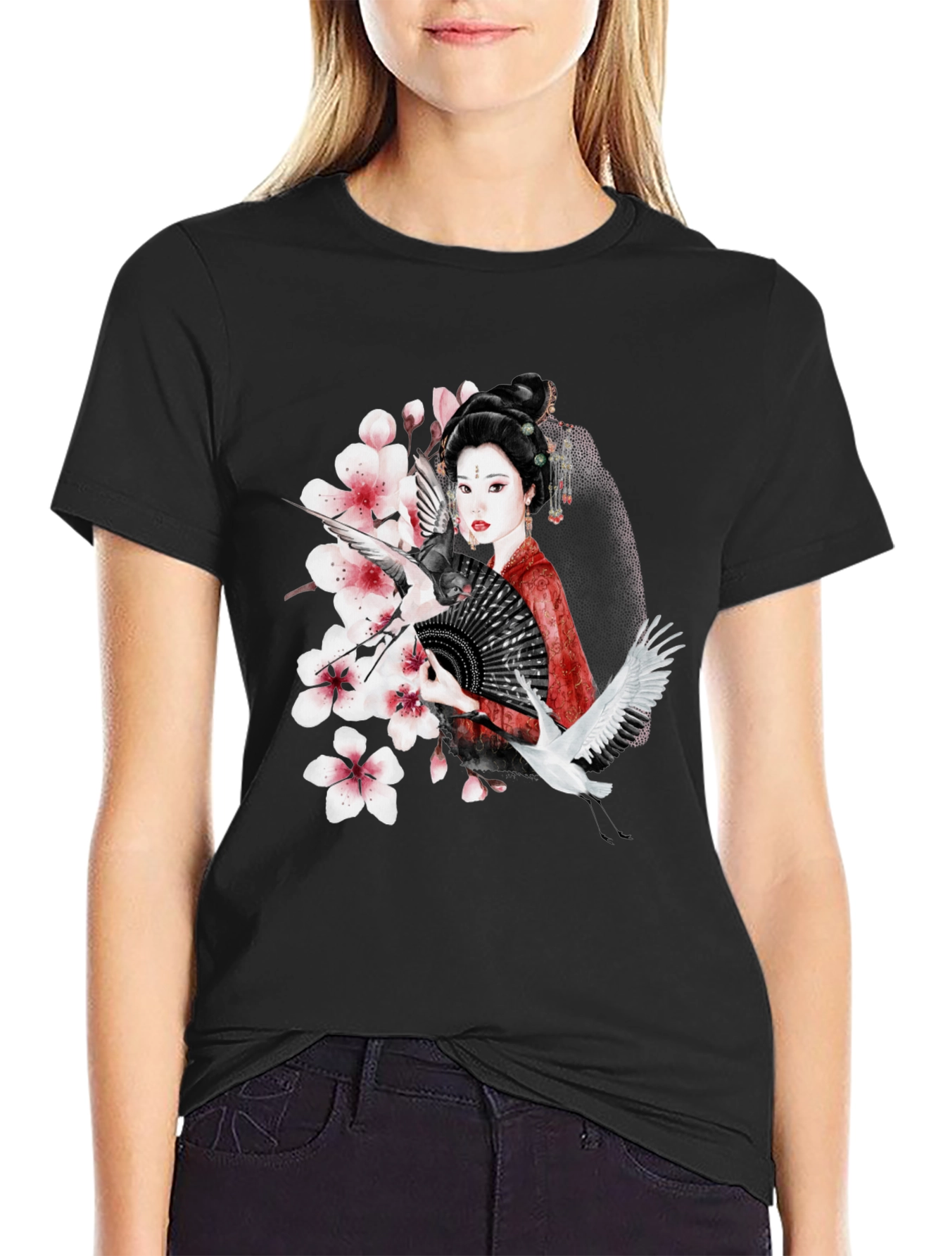 Asian Geisha Crane T-Shirt - Stylish Graphic Tee