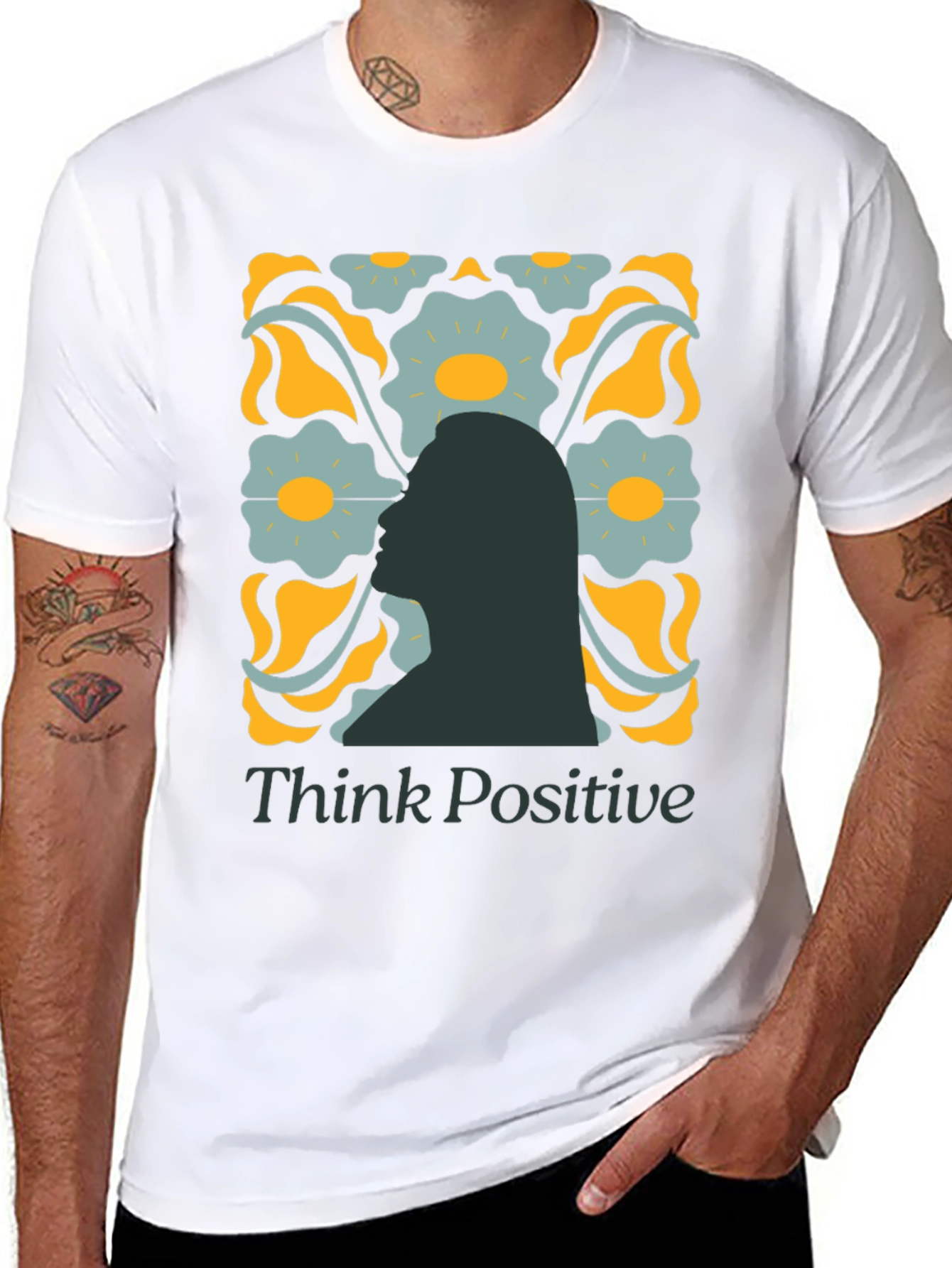 Think Positive Graphic Tee - Retro Floral Design