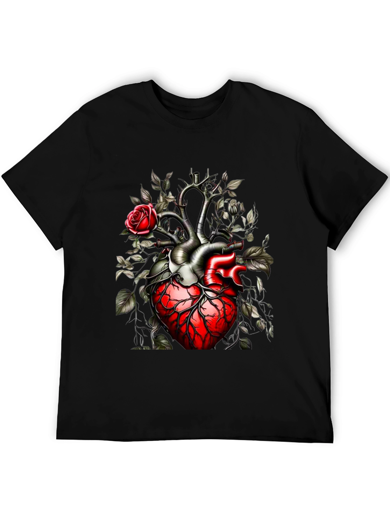 Anatomical Heart & Rose Black T-Shirt - Unique Gothic Design