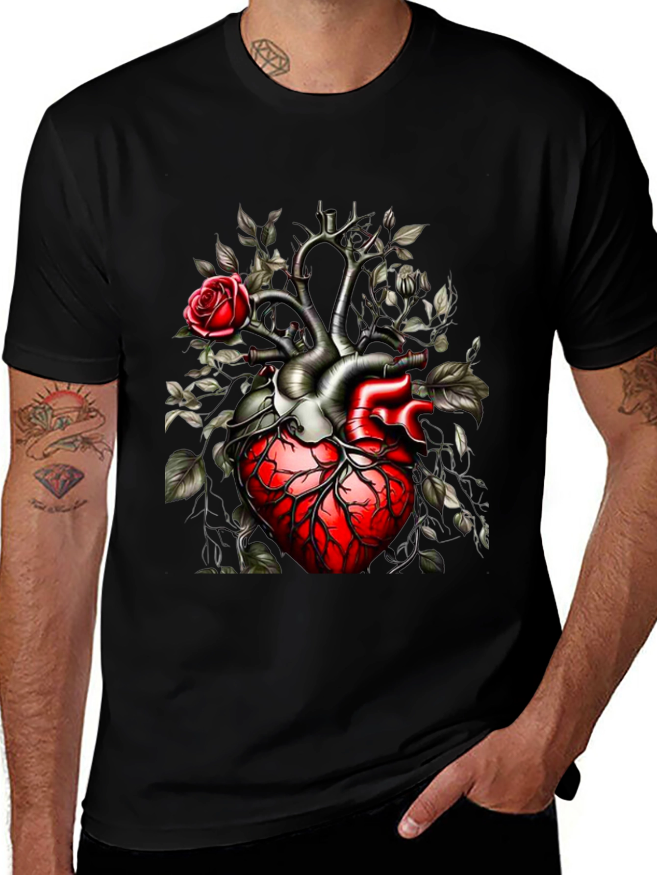Anatomical Heart & Rose Black T-Shirt - Unique Gothic Design