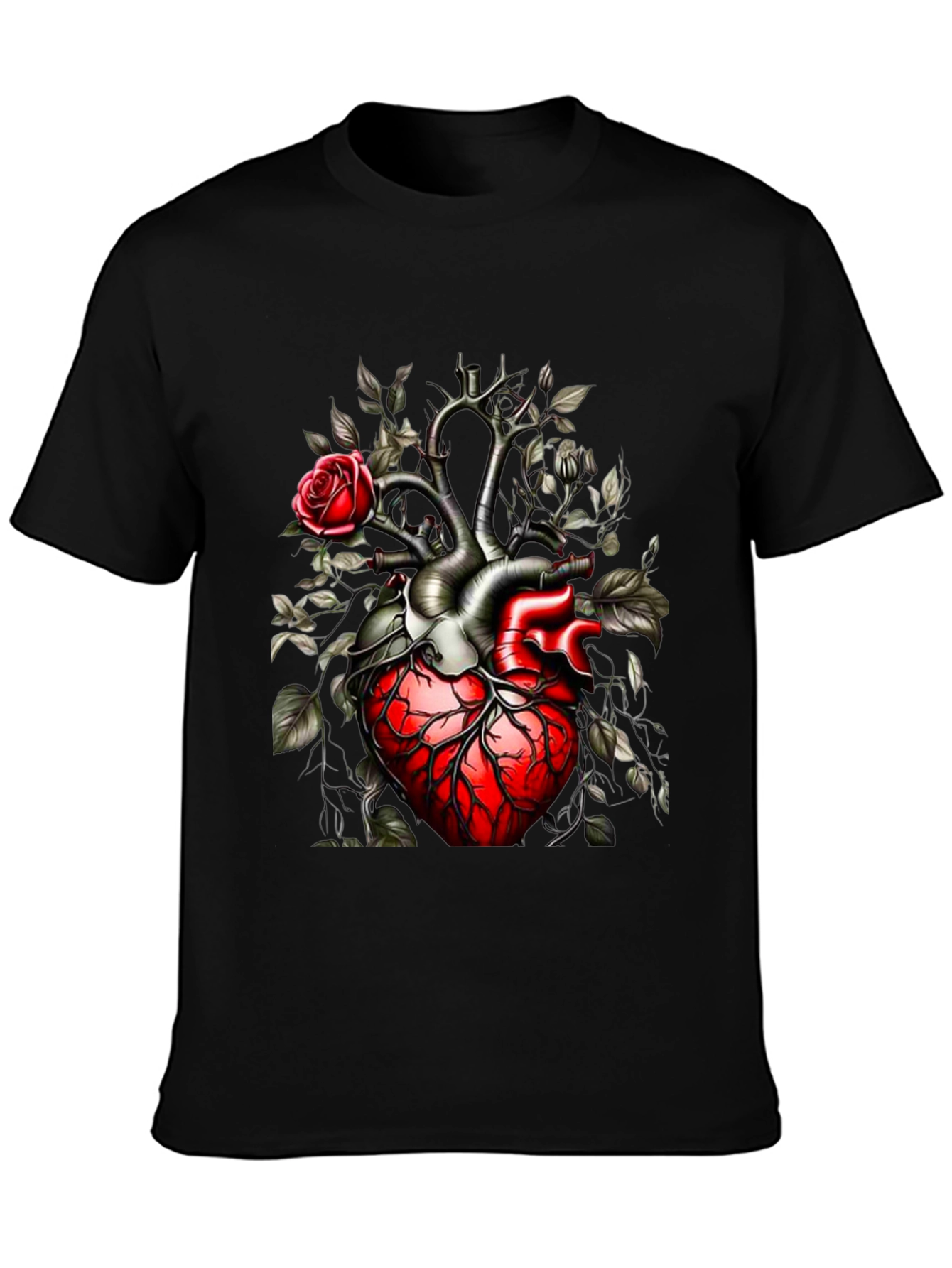 Anatomical Heart & Rose Black T-Shirt - Unique Gothic Design