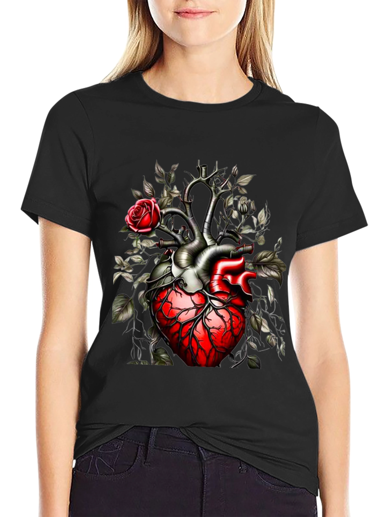 Anatomical Heart & Rose Black T-Shirt - Unique Gothic Design