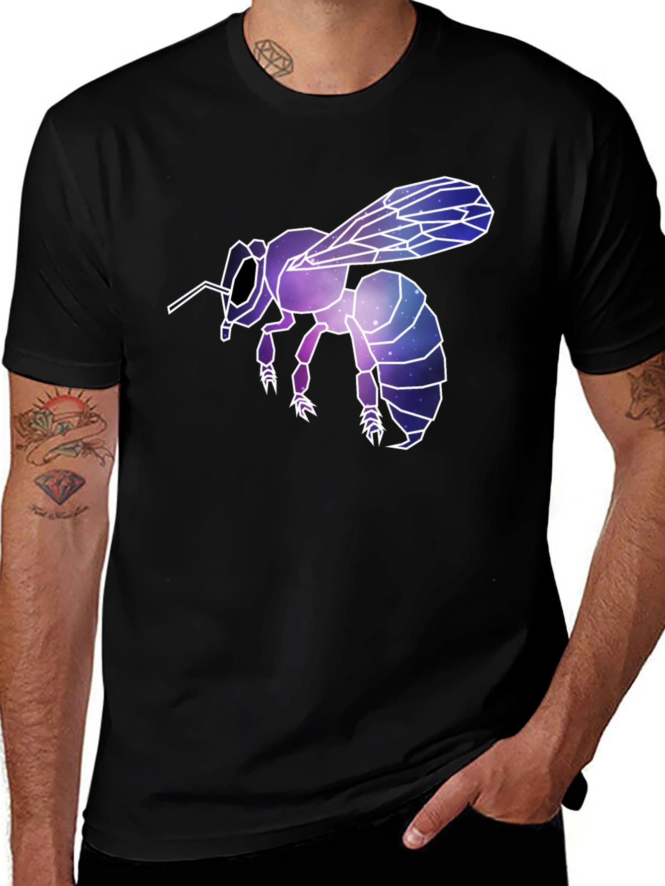 Geometric Galaxy Bee Graphic Tee - Black