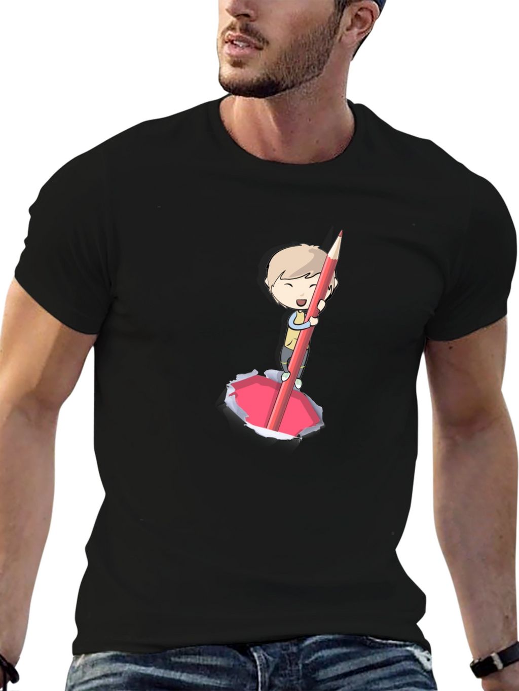 Cartoon Boy Pencil Art Black T-Shirt