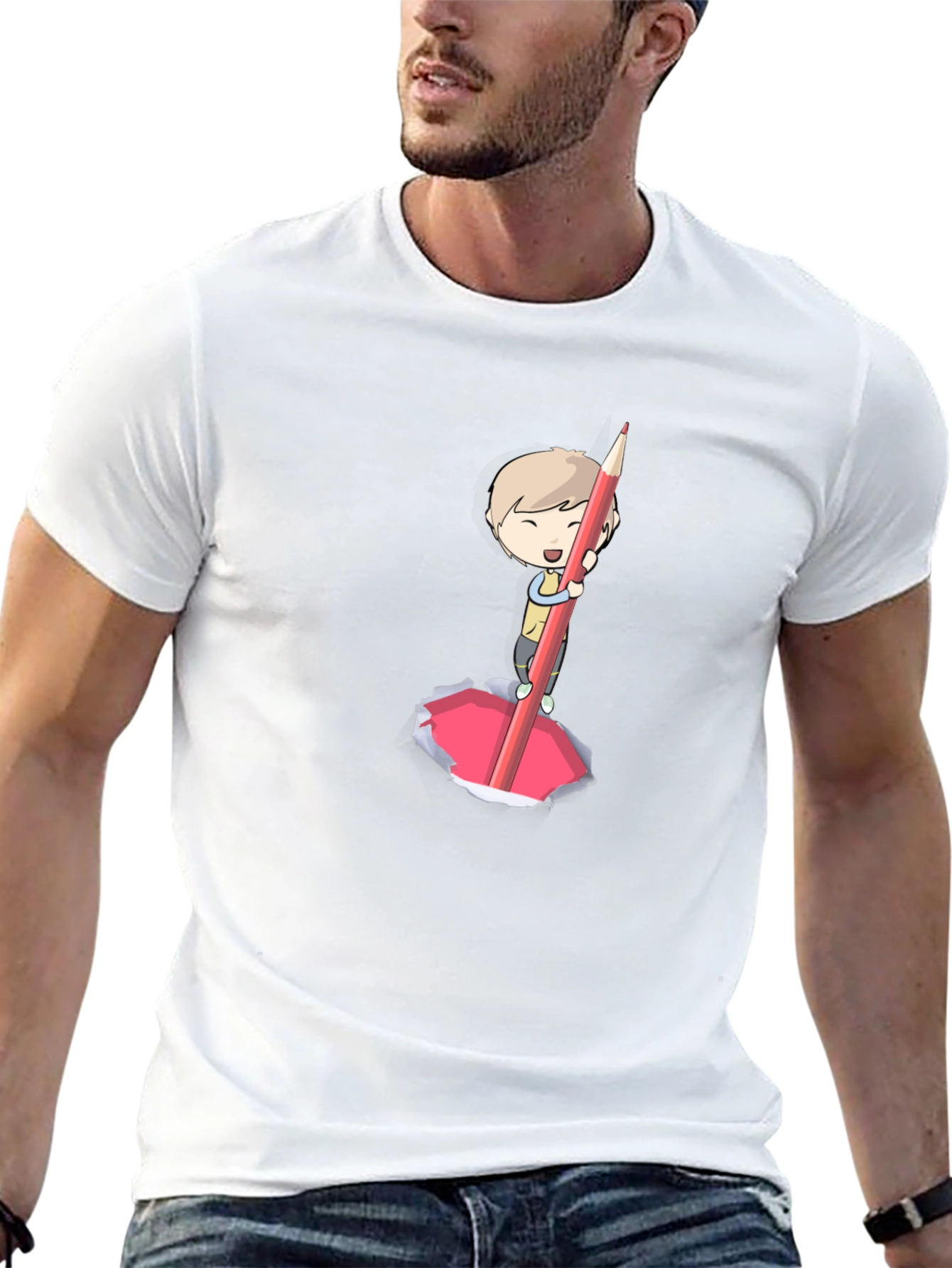 Cartoon Boy Pencil Art Black T-Shirt