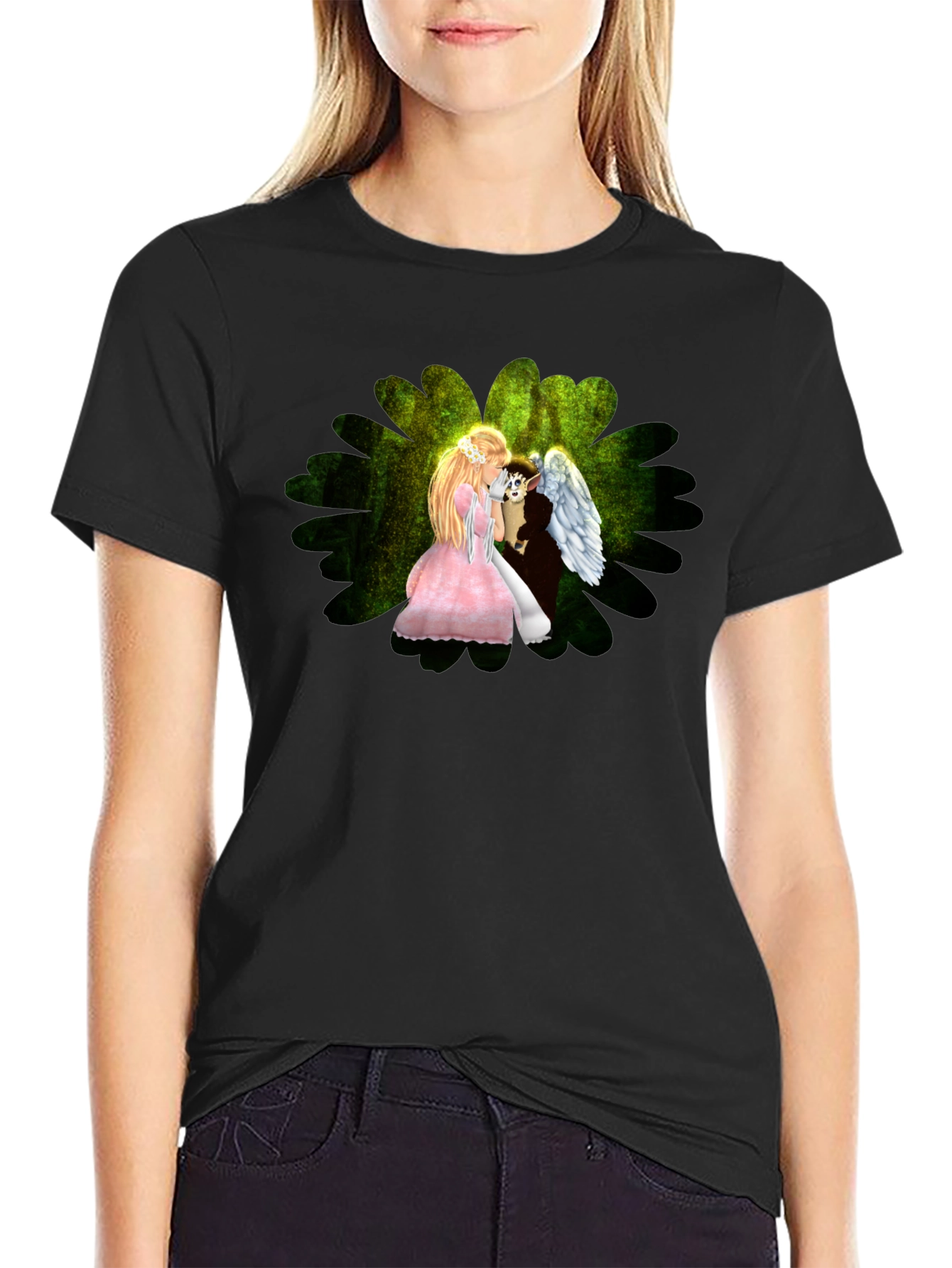 Angel & Elf Black T-Shirt - Fantasy Art Tee