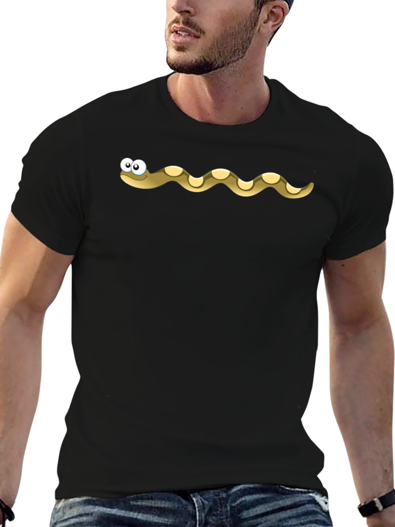 Cartoon Snake Graphic Tee - Black Cotton T-Shirt