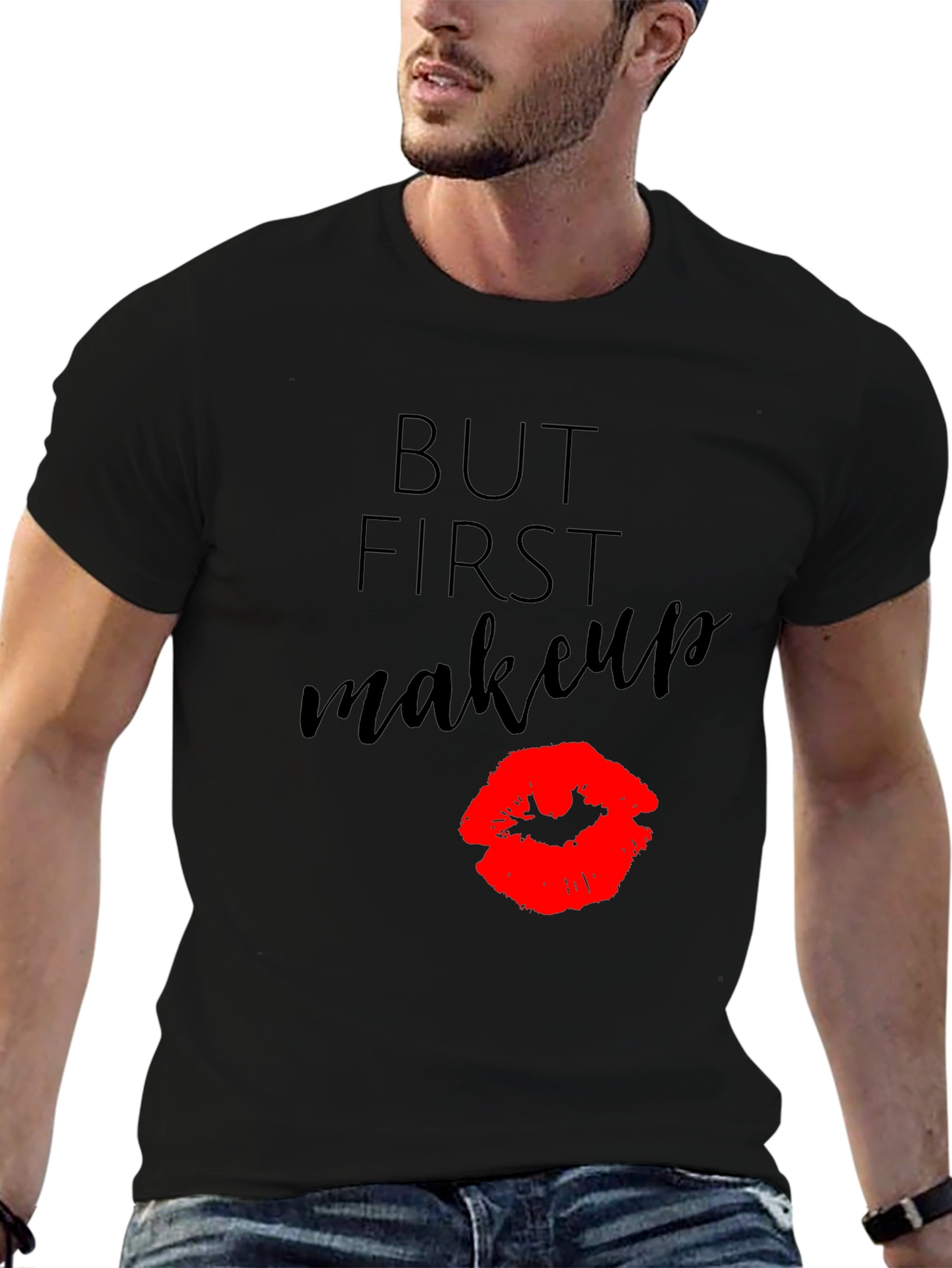 But First Makeup Black Tee with Lip Print