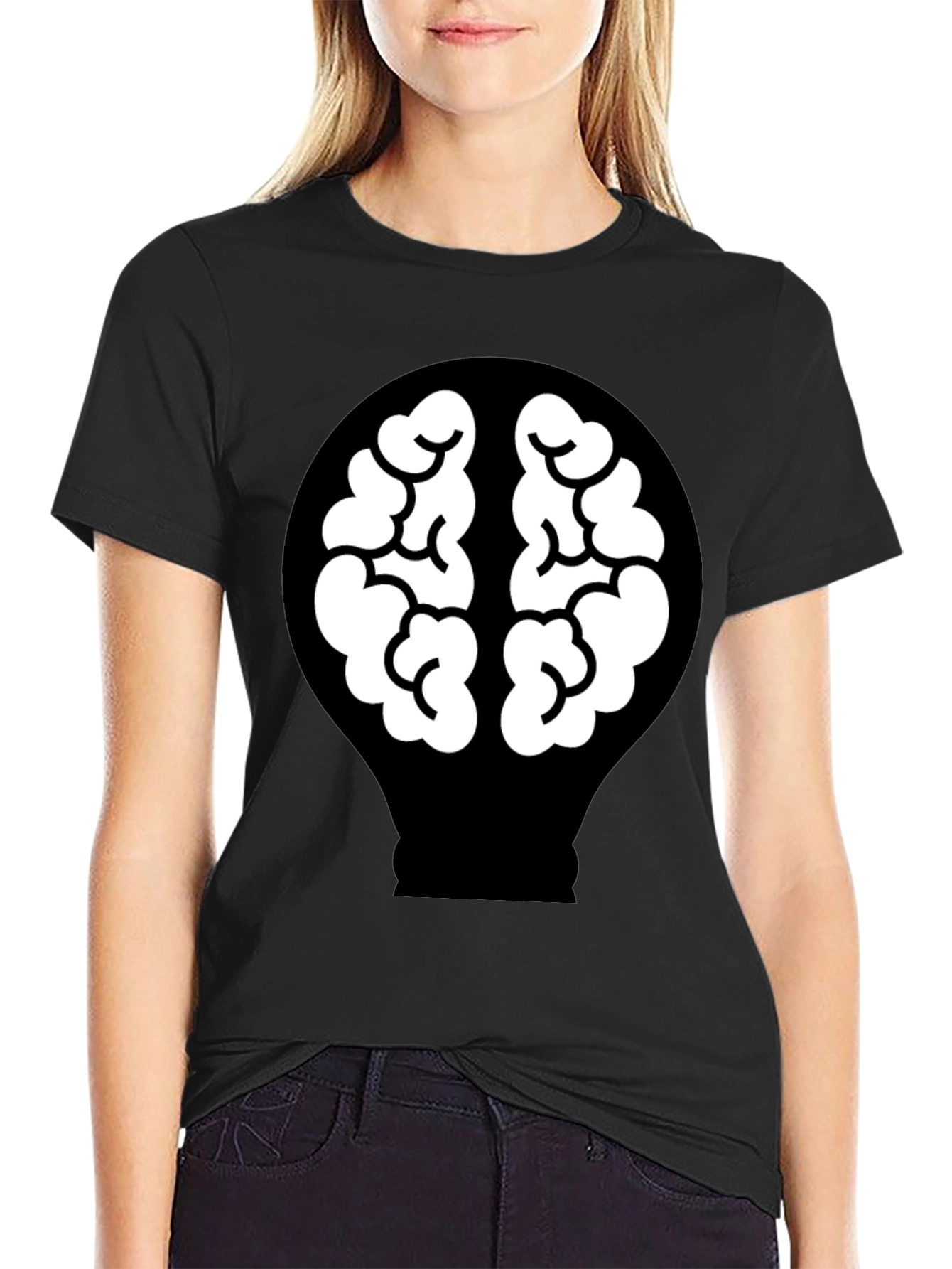 Brain Lightbulb Graphic Tee - Black Cotton T-Shirt