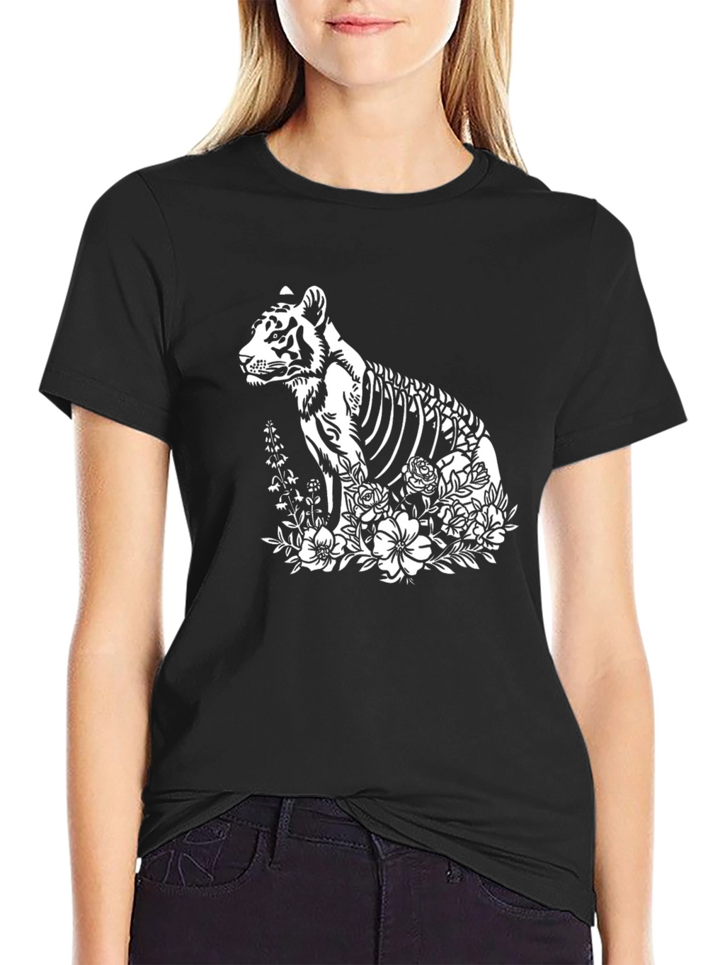 Tiger Skeleton Floral Print Black T-Shirt