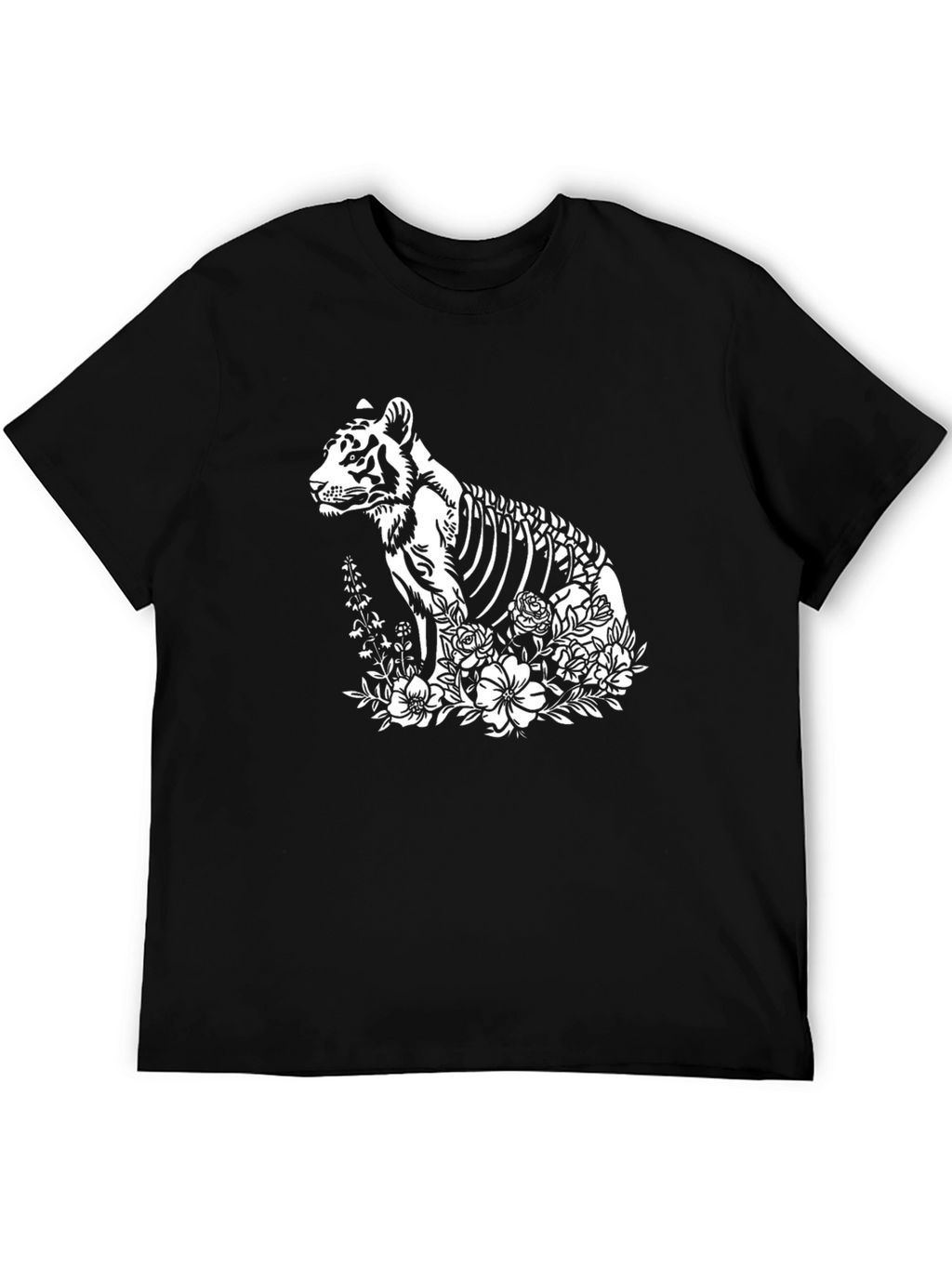 Tiger Skeleton Floral Print Black T-Shirt