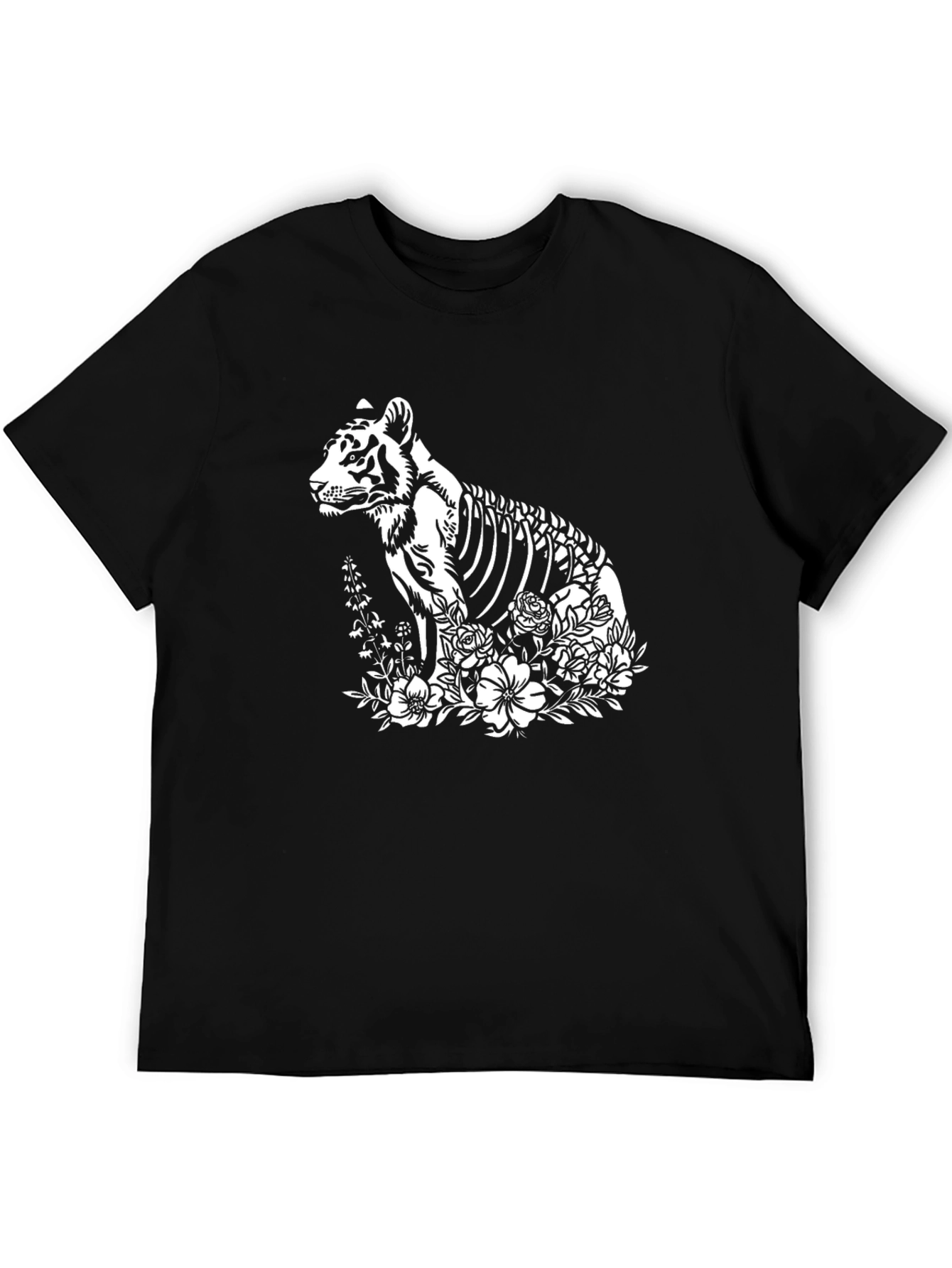 Tiger Skeleton Floral Print Black T-Shirt