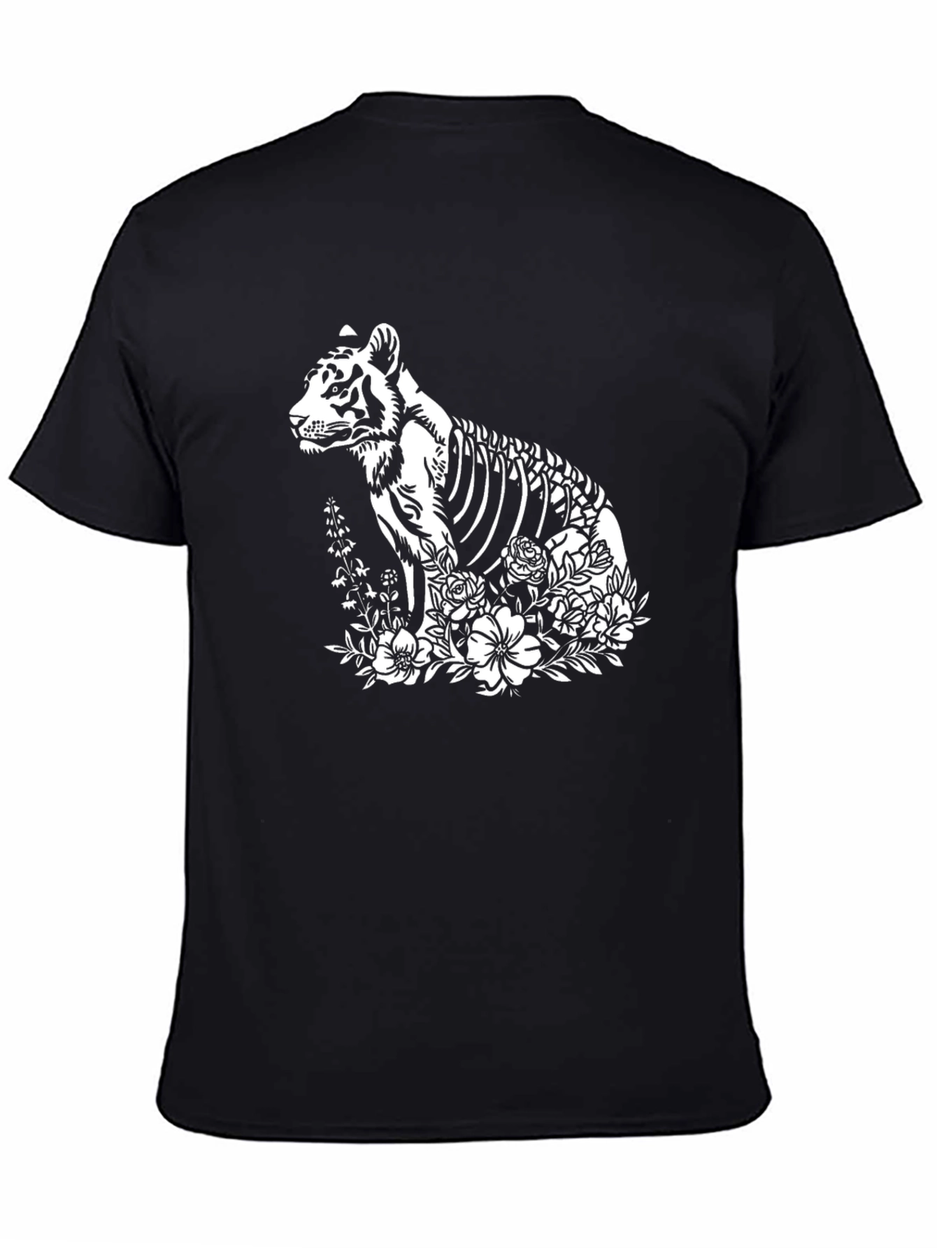 Tiger Skeleton Floral Print Black T-Shirt