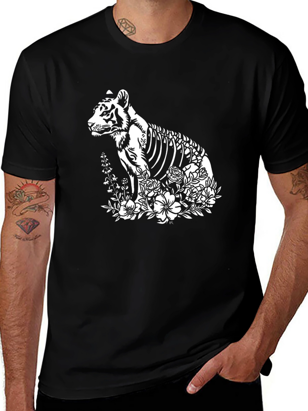 Tiger Skeleton Floral Print Black T-Shirt