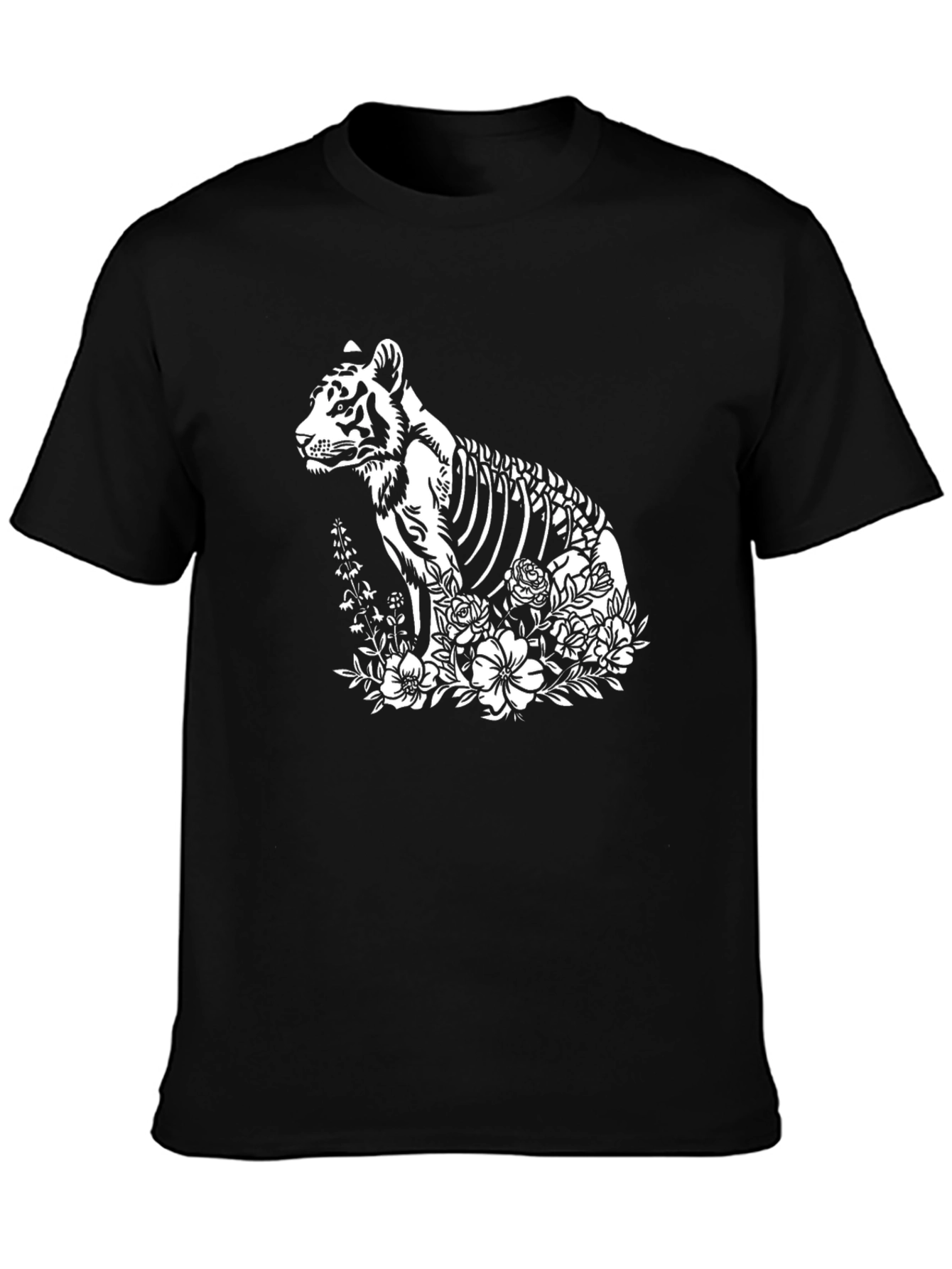 Tiger Skeleton Floral Print Black T-Shirt