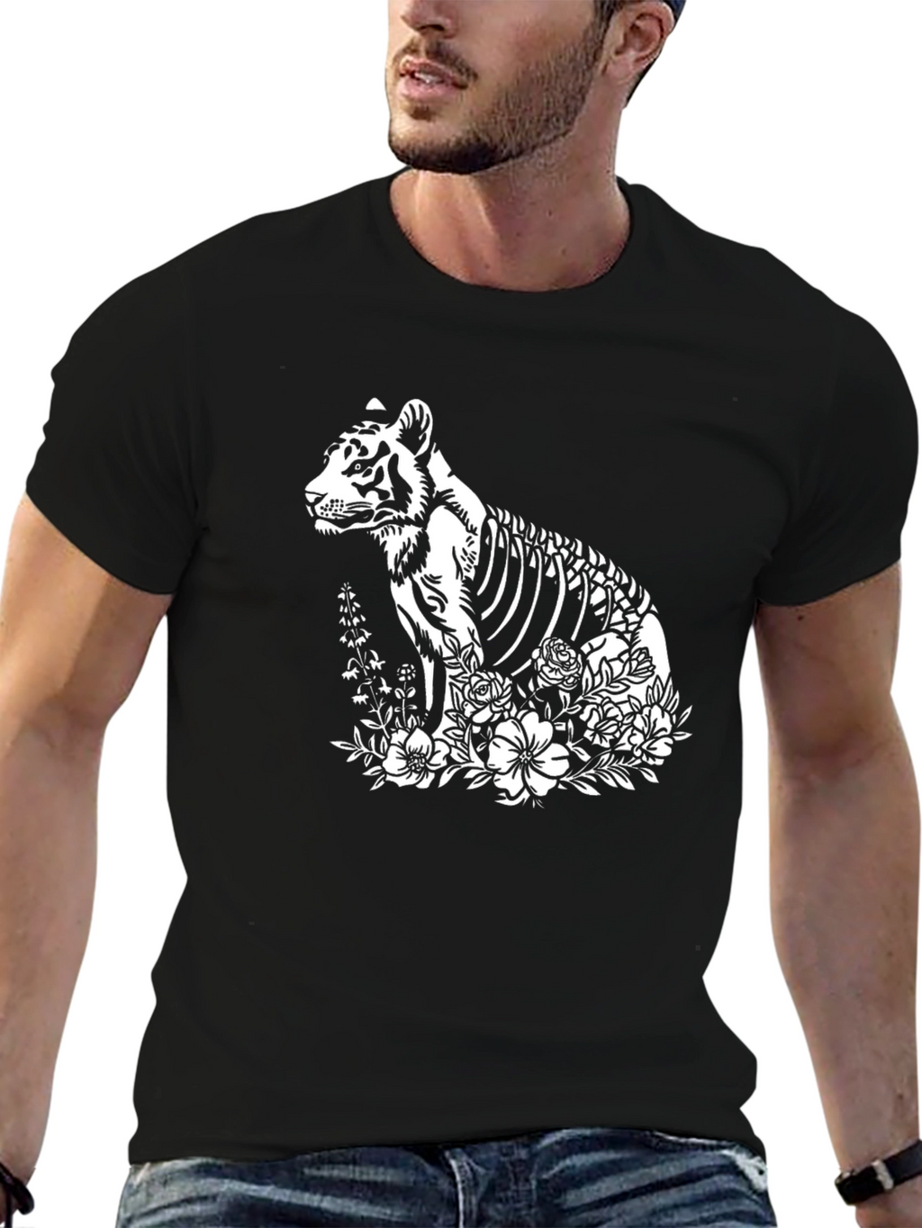Tiger Skeleton Floral Print Black T-Shirt