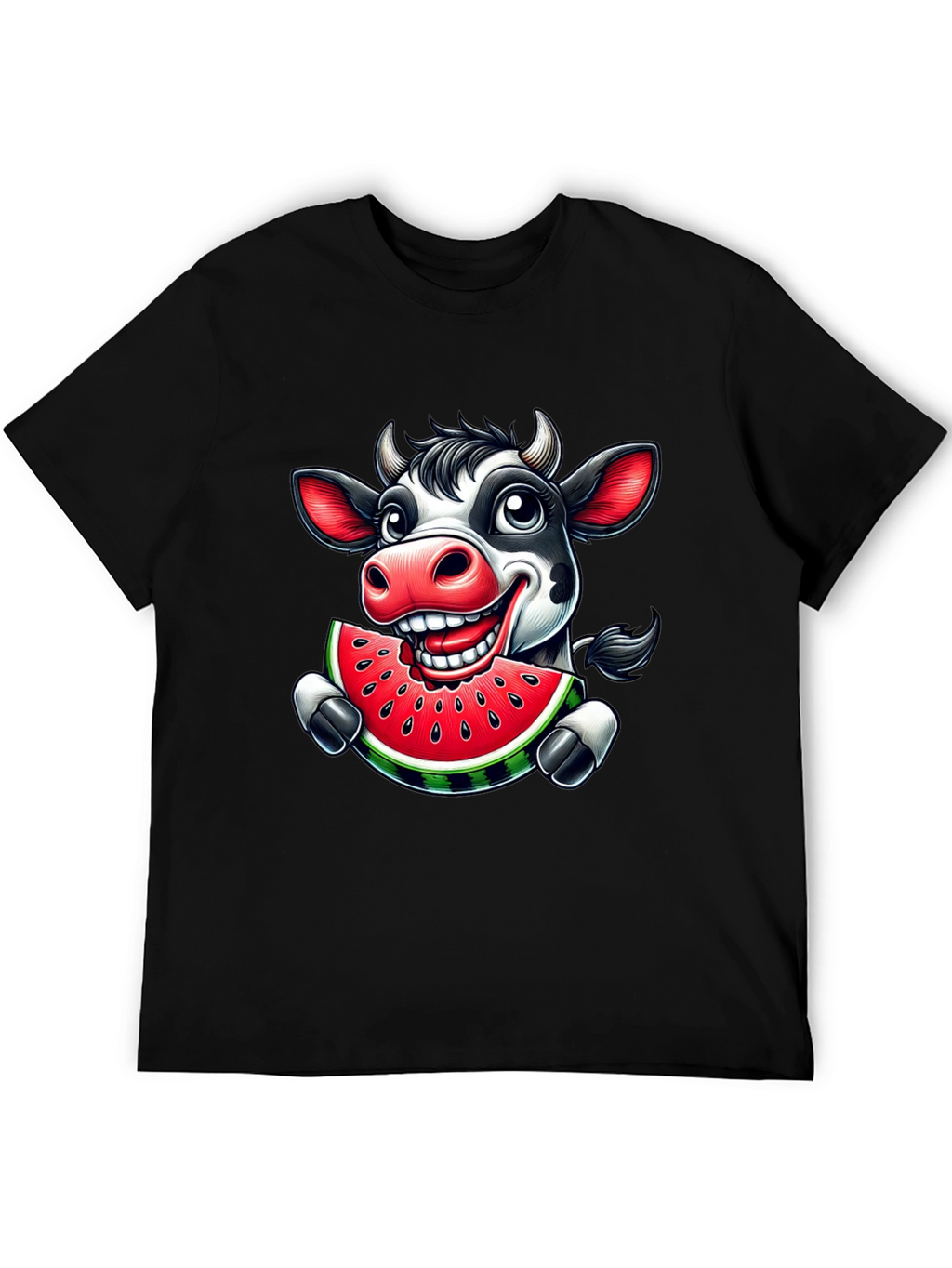 Cartoon Cow Watermelon Black Graphic Tee