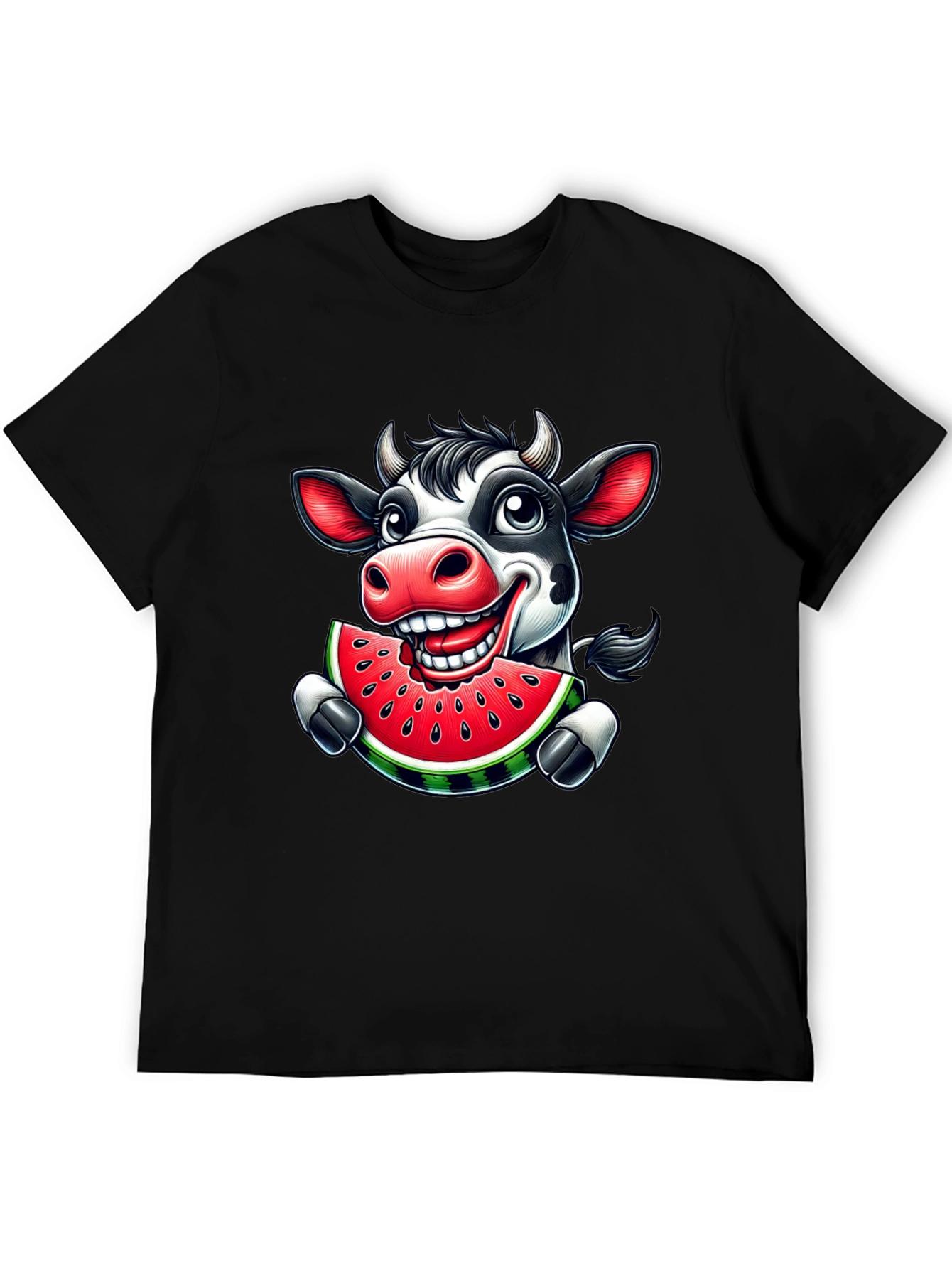 Cartoon Cow Watermelon Black Graphic Tee