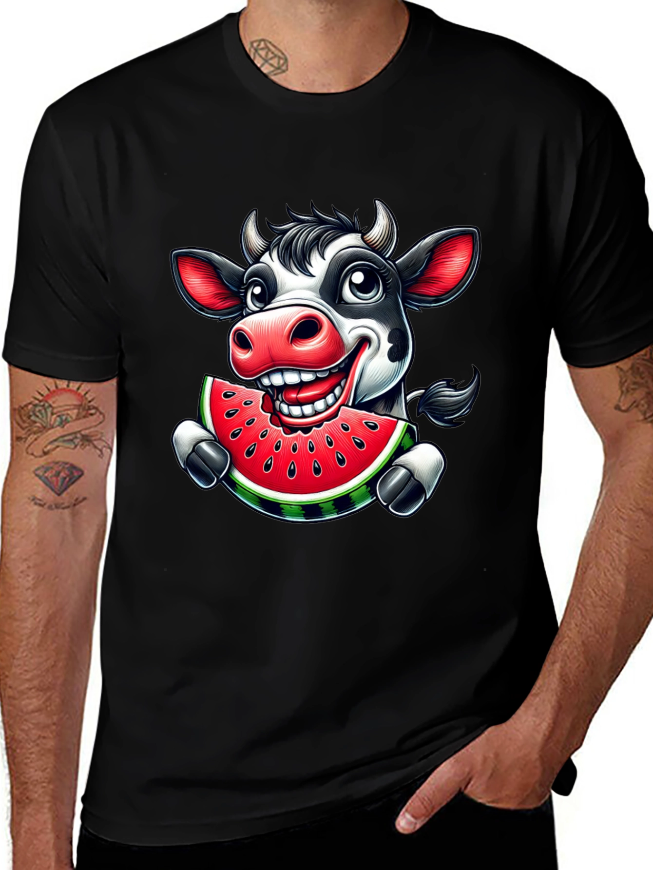 Cartoon Cow Watermelon Black Graphic Tee