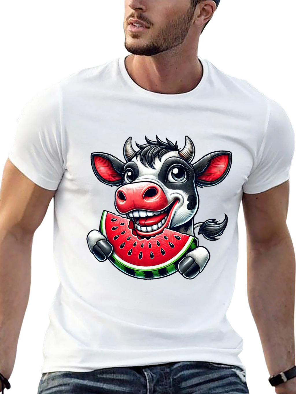 Cartoon Cow Watermelon Black Graphic Tee