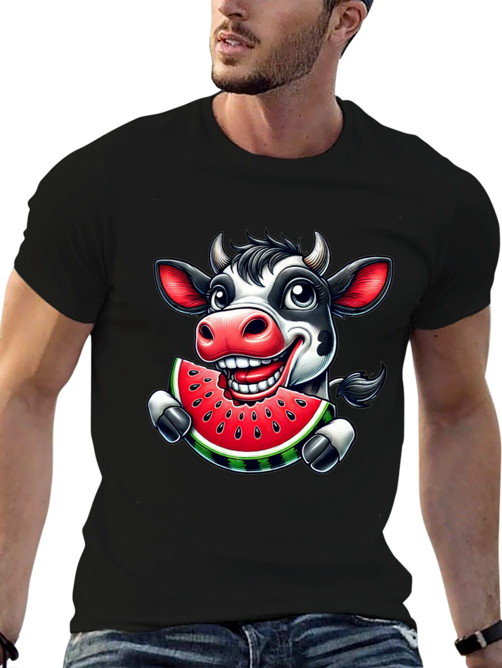 Cartoon Cow Watermelon Black Graphic Tee