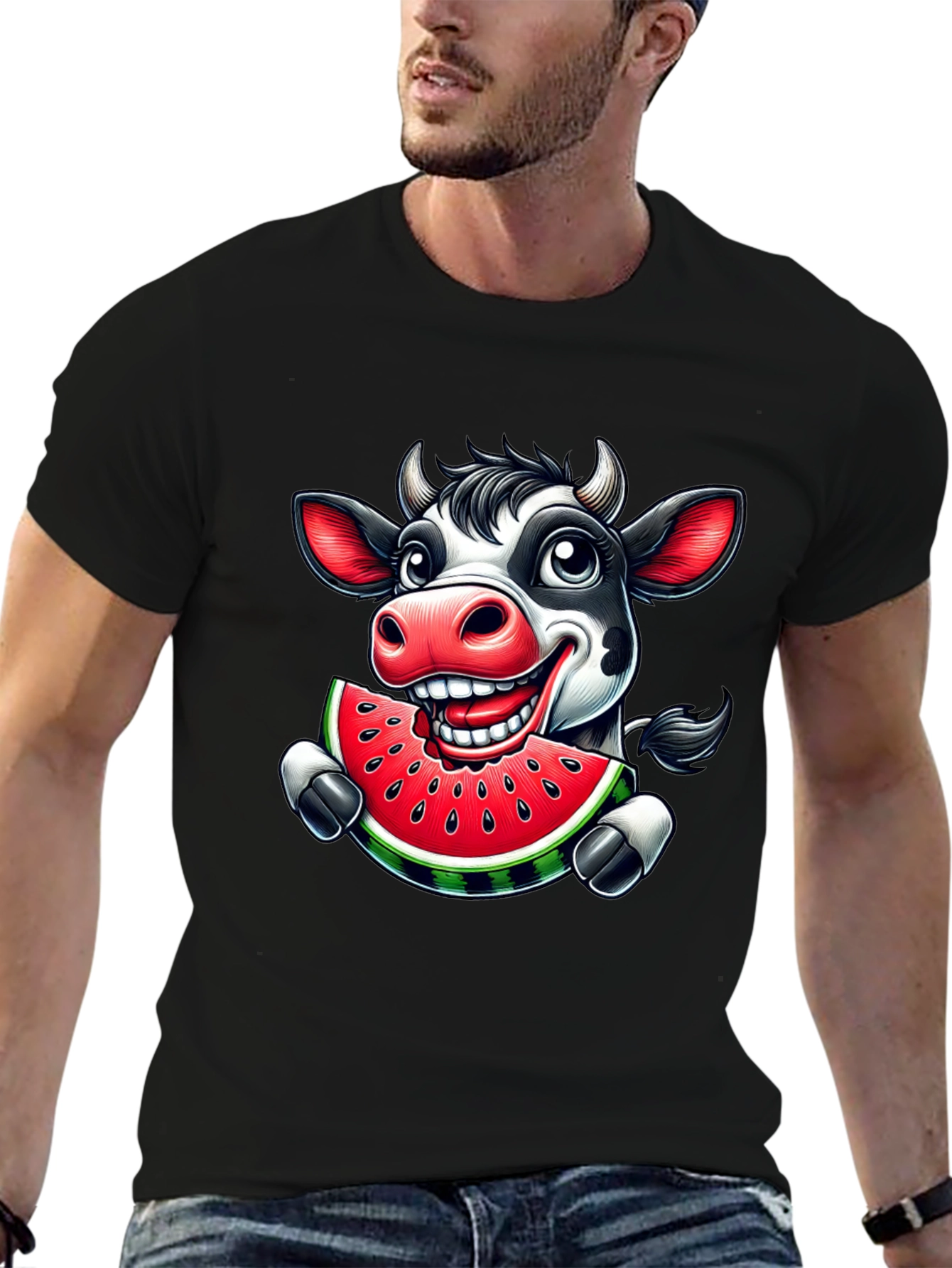 Cartoon Cow Watermelon Black Graphic Tee