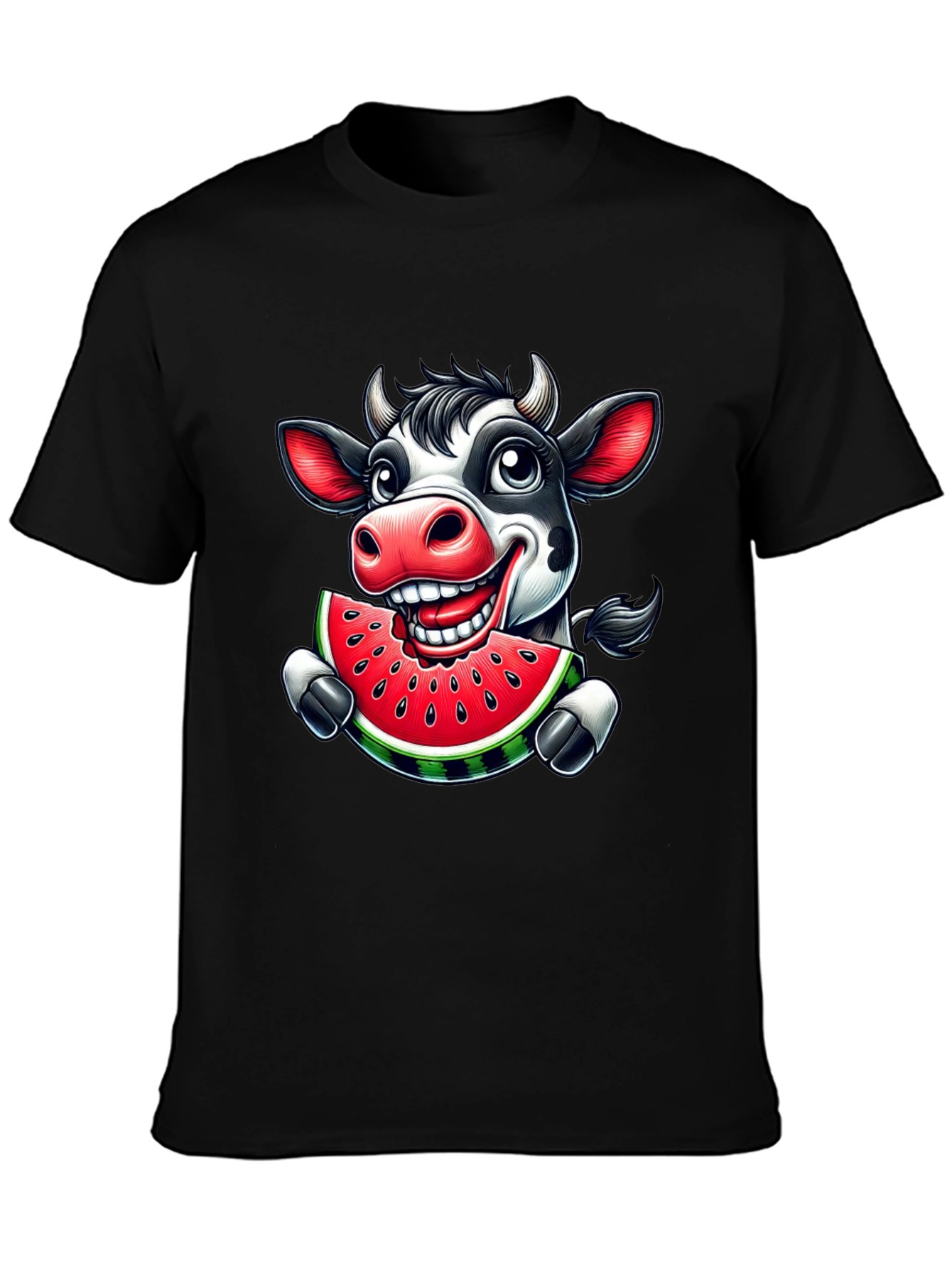 Cartoon Cow Watermelon Black Graphic Tee