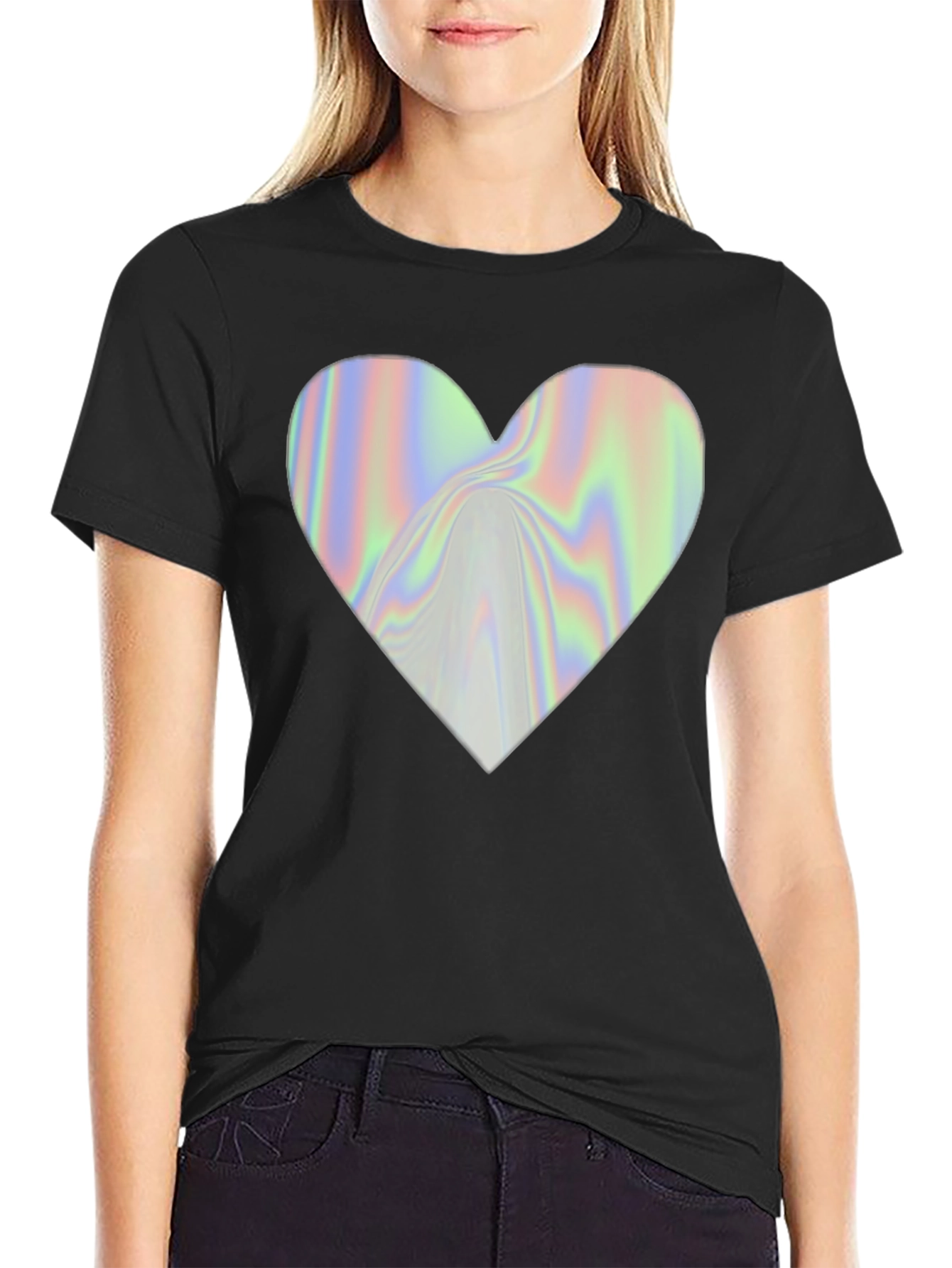 Holographic Heart Graphic Black T-Shirt